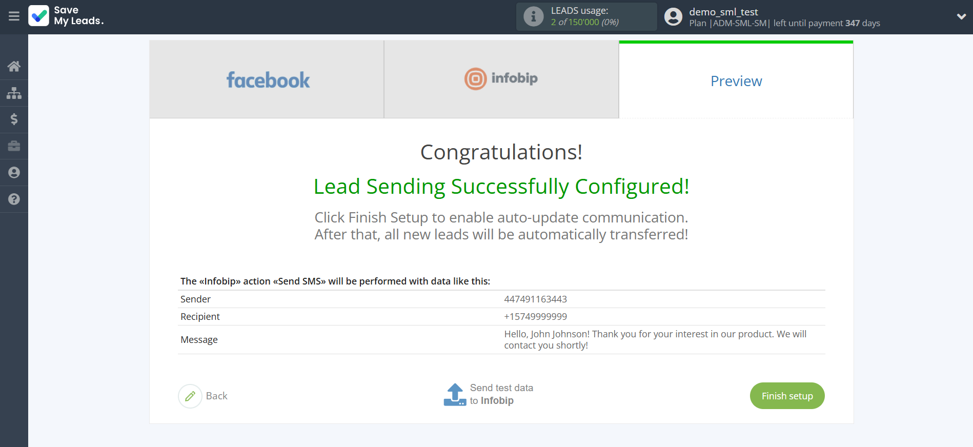 How to Connect Facebook with Infobip | Test data