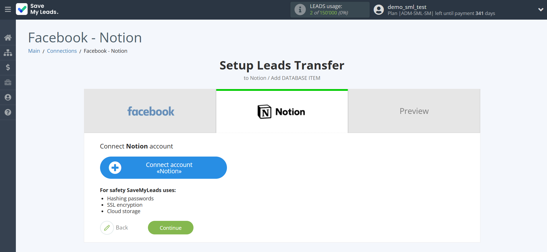 How to Connect Facebook with Notion | Data Destination account connection