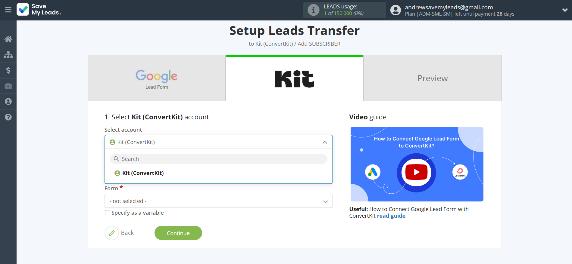 How to Connect Google Lead Form with Kit (ConvertKit) | Data Destination account selection