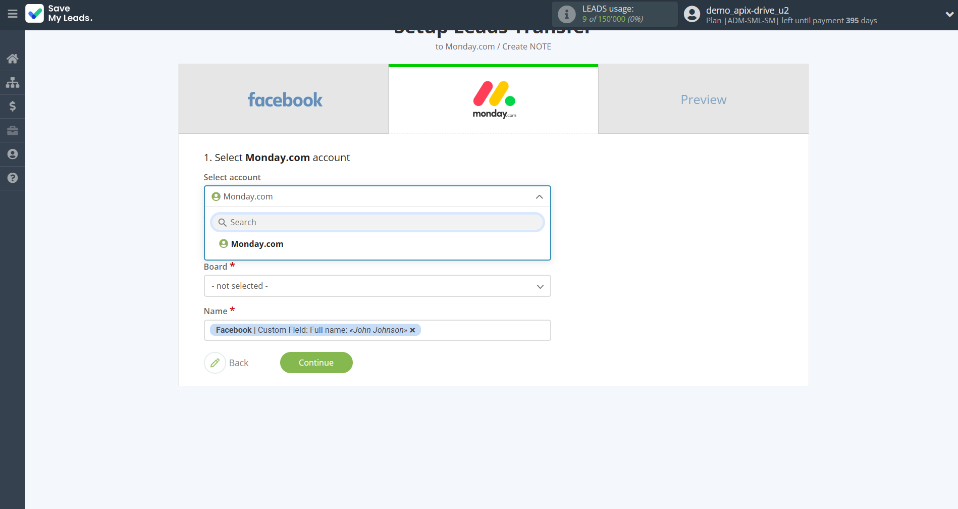 How to Connect Facebook with Monday.com | Data Destination account selection