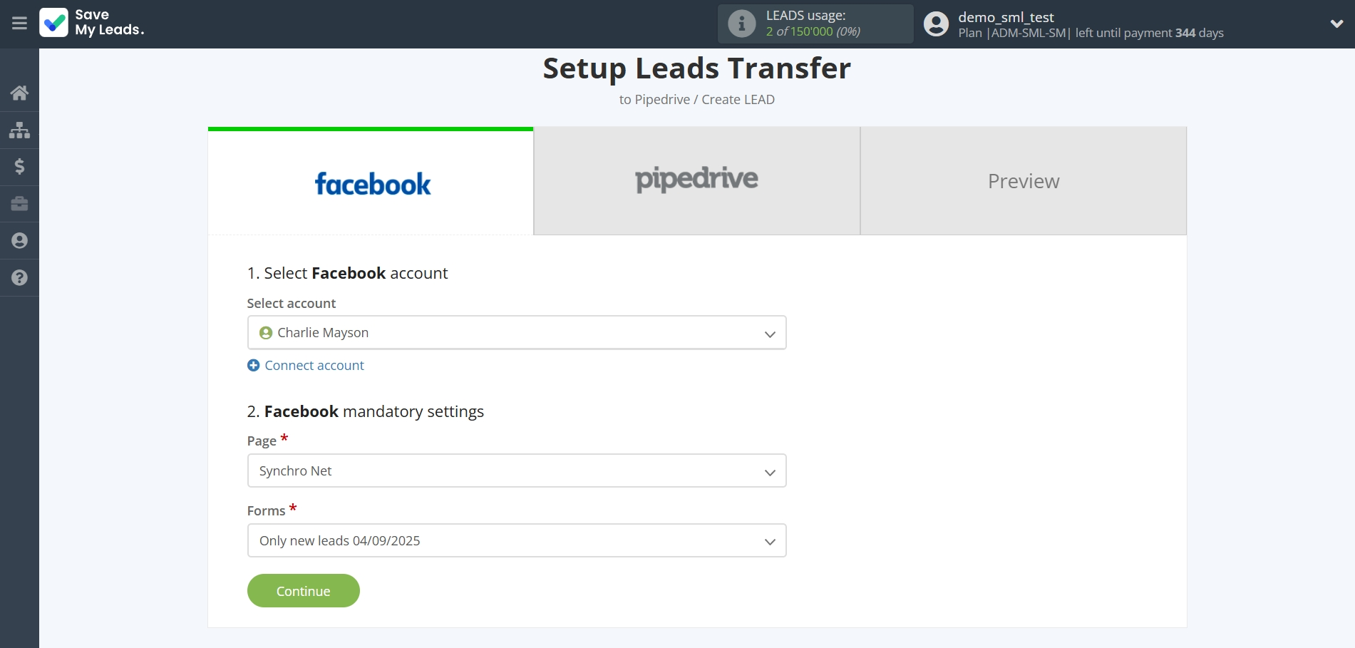 How to Connect Facebook with Pipedrive Create Lead | Data Source account connection