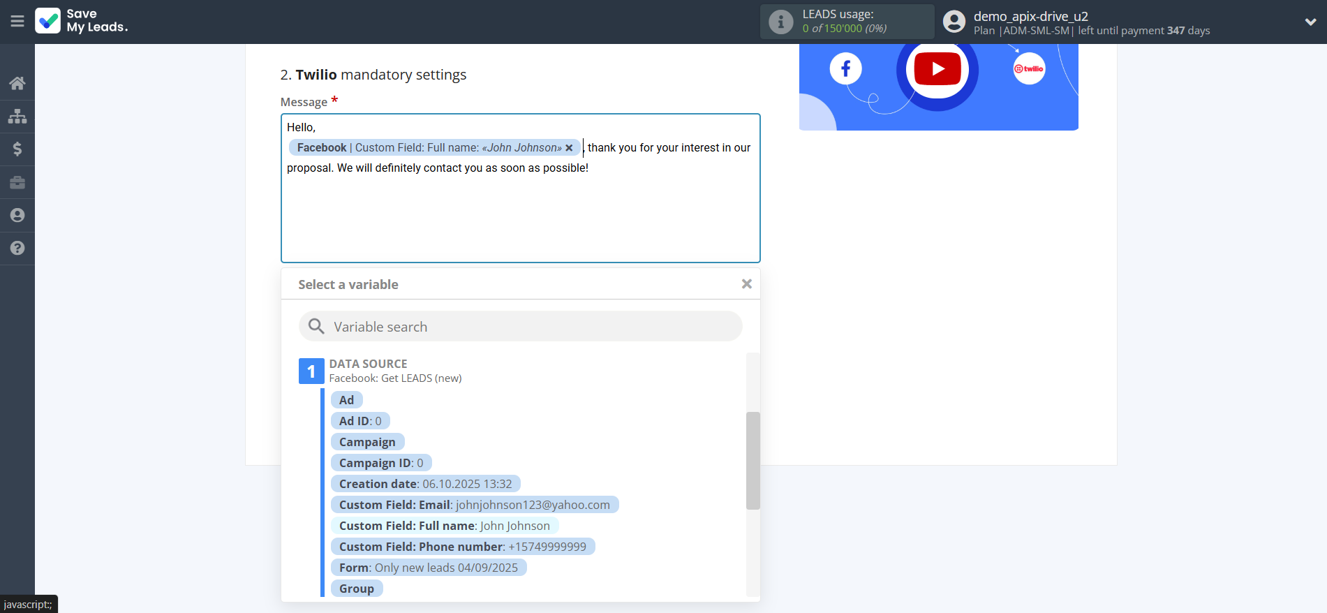 How to Connect Facebook with Twilio | Assigning fields How to Connect Facebook with Twilio | Assigning fields
