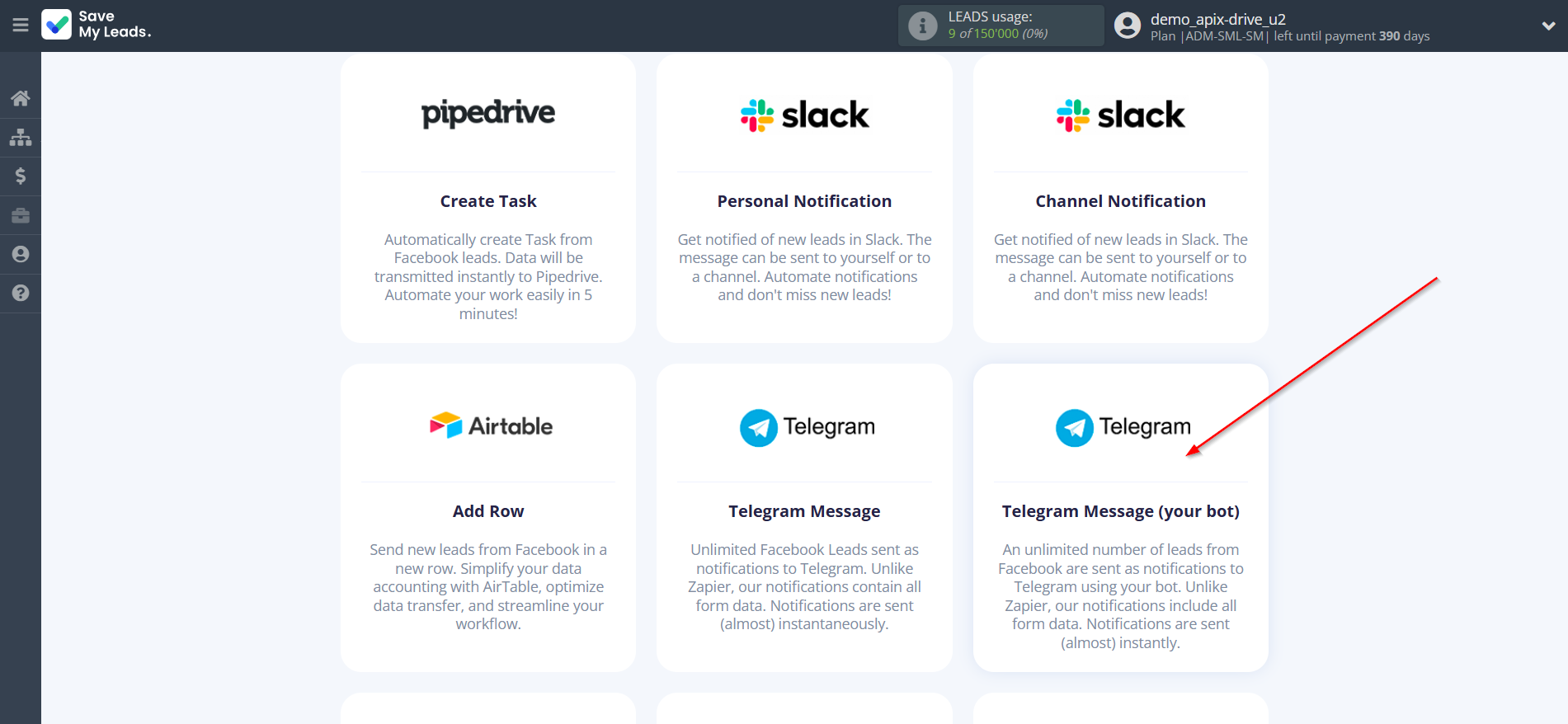 How to Connect Facebook with Telegram (your bot) | Data Destination system selection