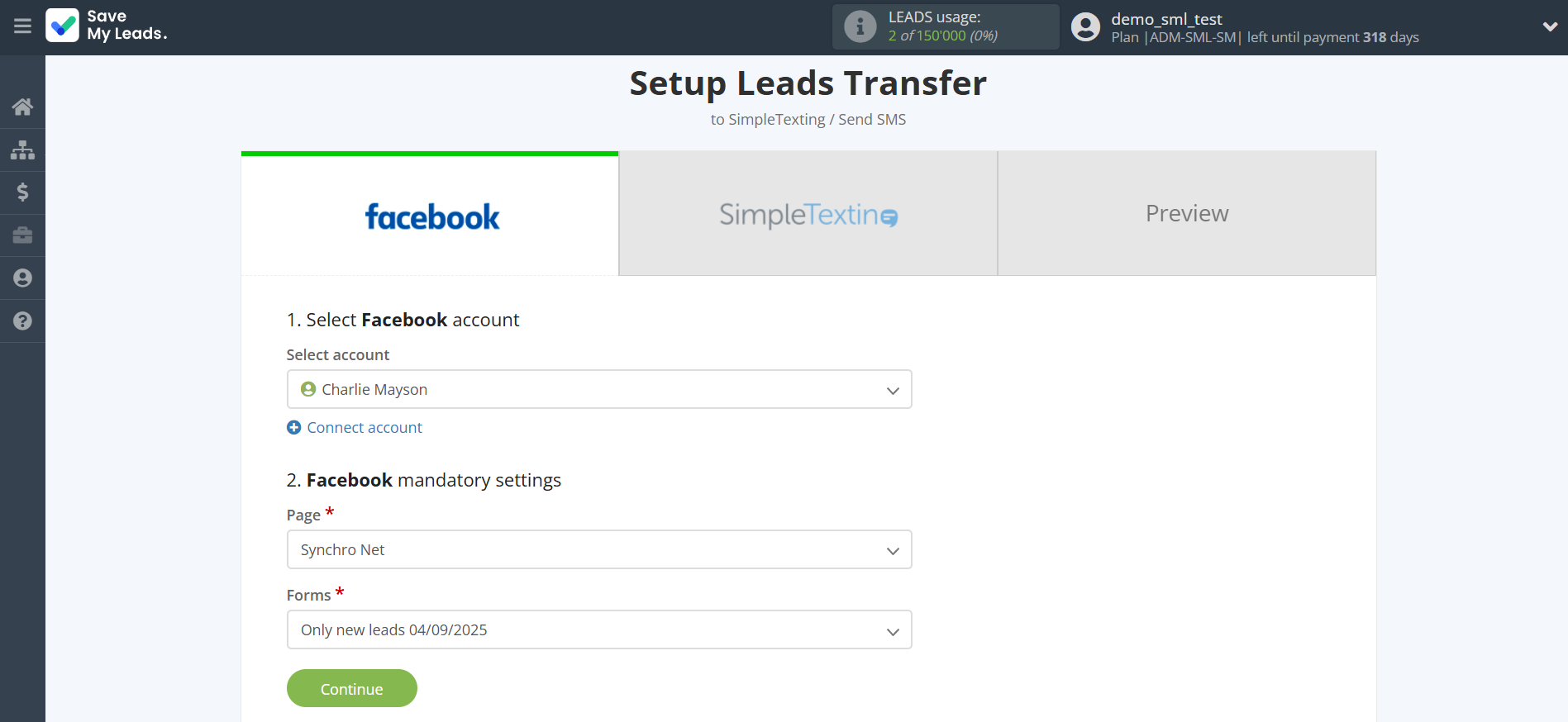 How to Connect Facebook with SimpleTexting | Data Source account connection