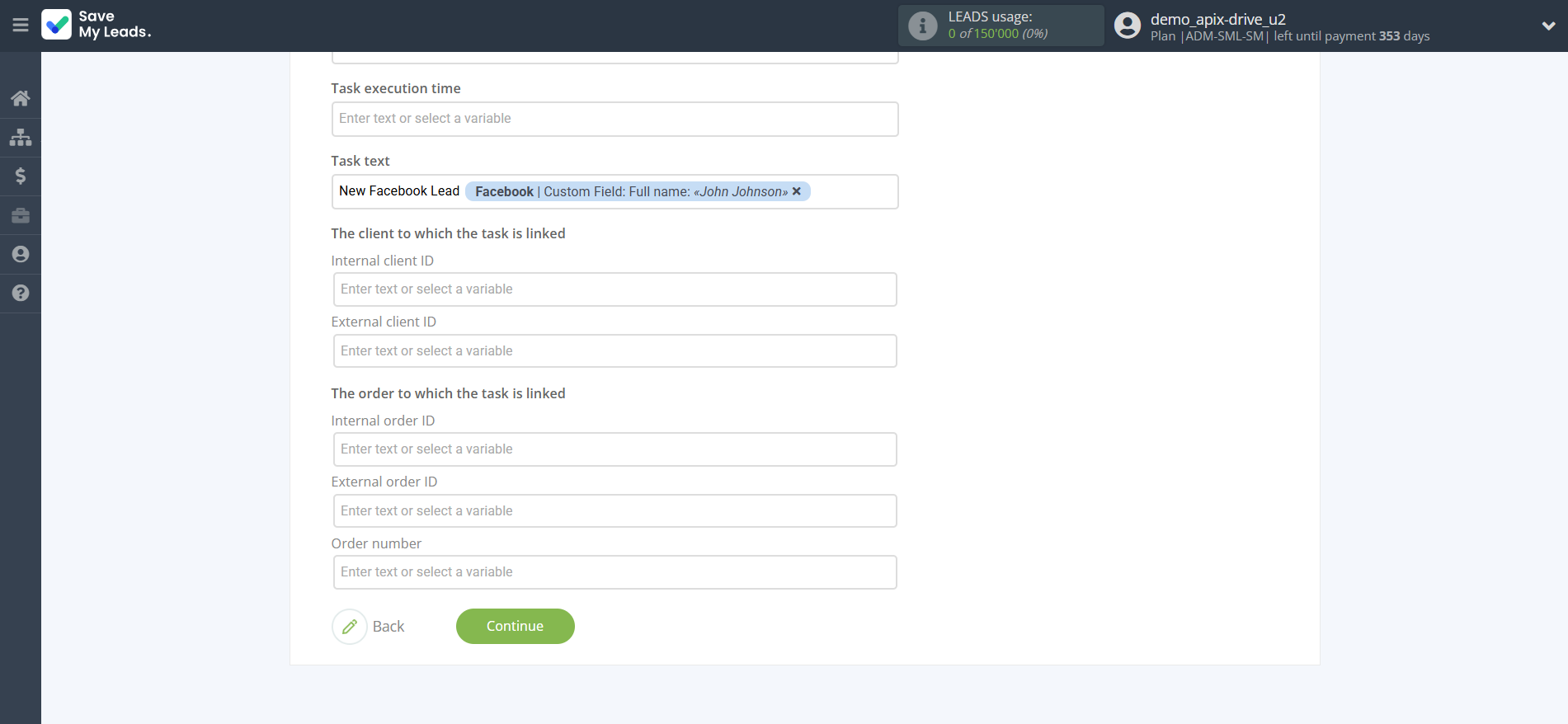 How to Connect Facebook with Simla Create Task | Assigning fields How to Connect Facebook with Simla Create Task | Assigning fields