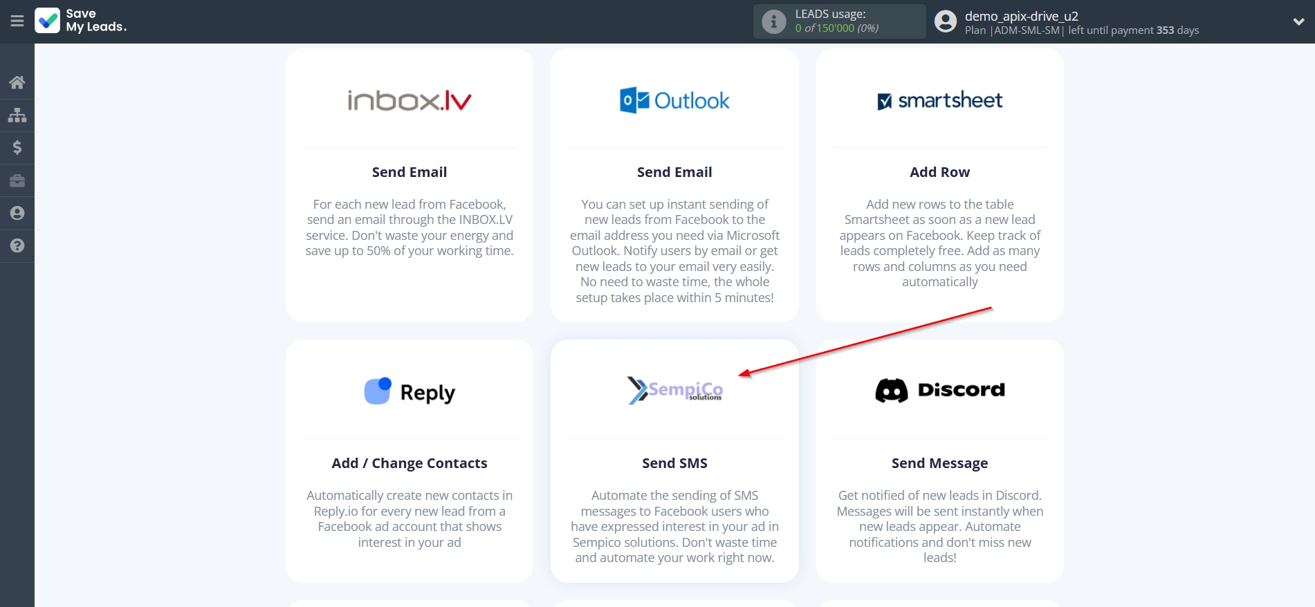 How to Connect Facebook with Sempico Solutions | Data Destination system selection