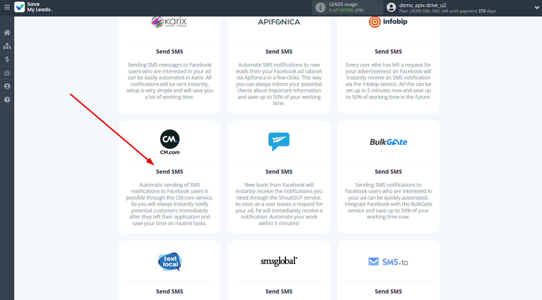 How to Connect Facebook with CM.com | Data Destination system selection