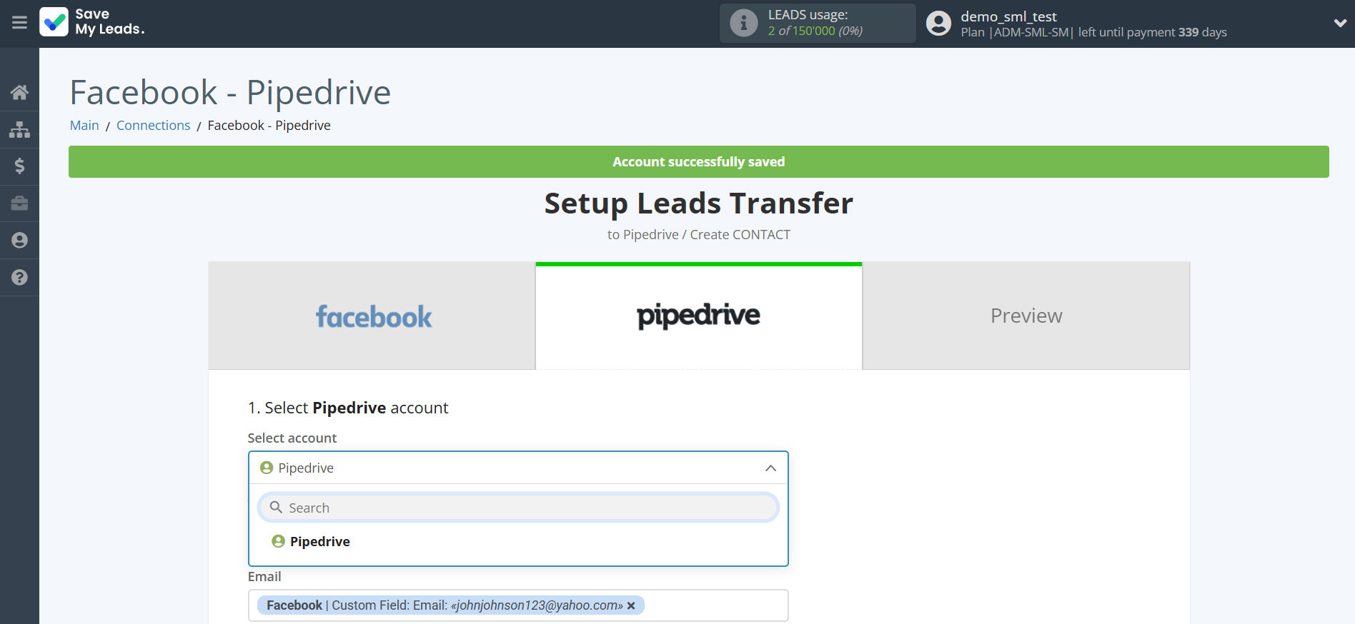 How to Connect Facebook with Pipedrive Create Contacts | Data Destination account selection