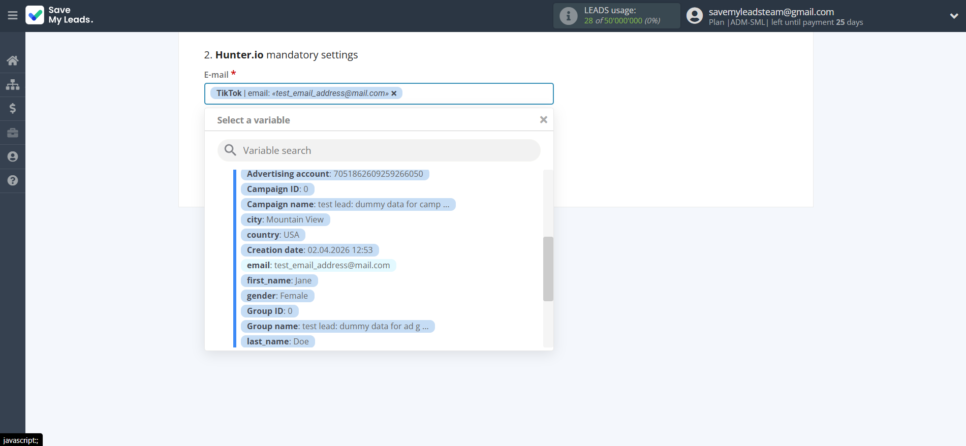How to Connect TikTok with Hunter.io | Assigning fields