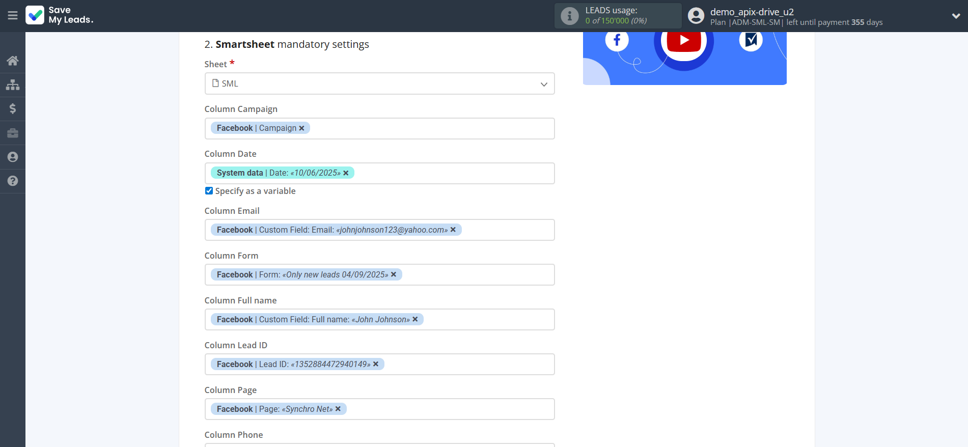 How to Connect Facebook with Smartsheet | Assigning fields How to Connect Facebook with Smartsheet | Assigning fields