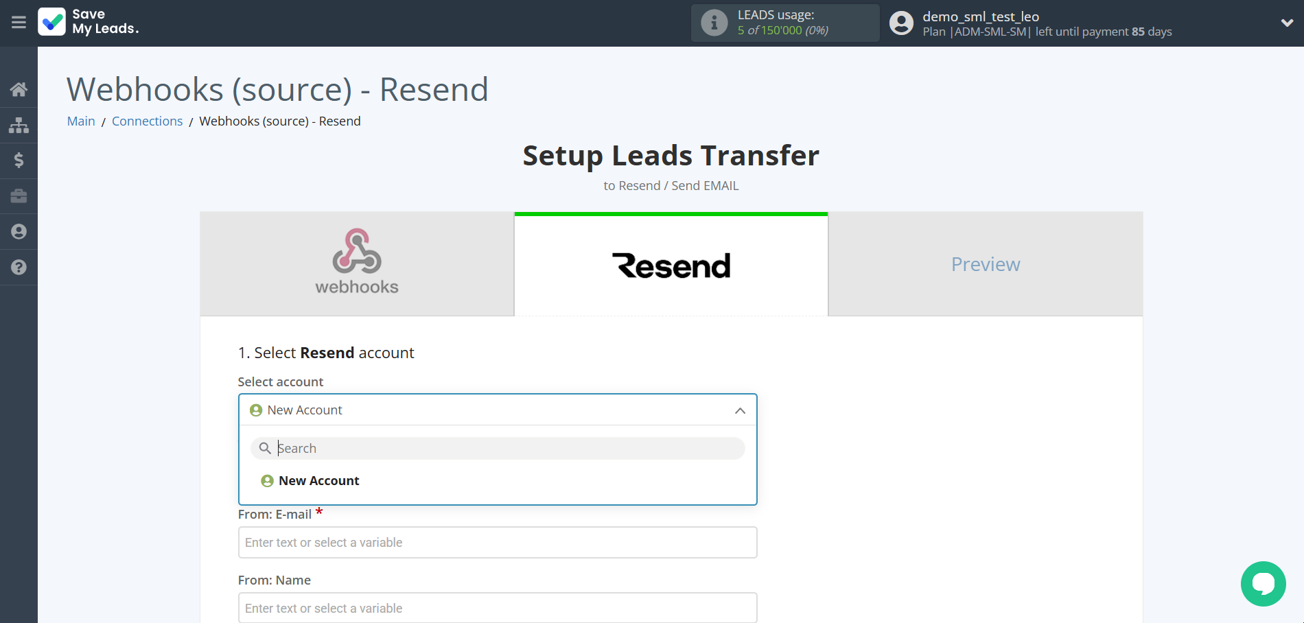 How to Connect Webhooks with Resend | Data Destination account selection