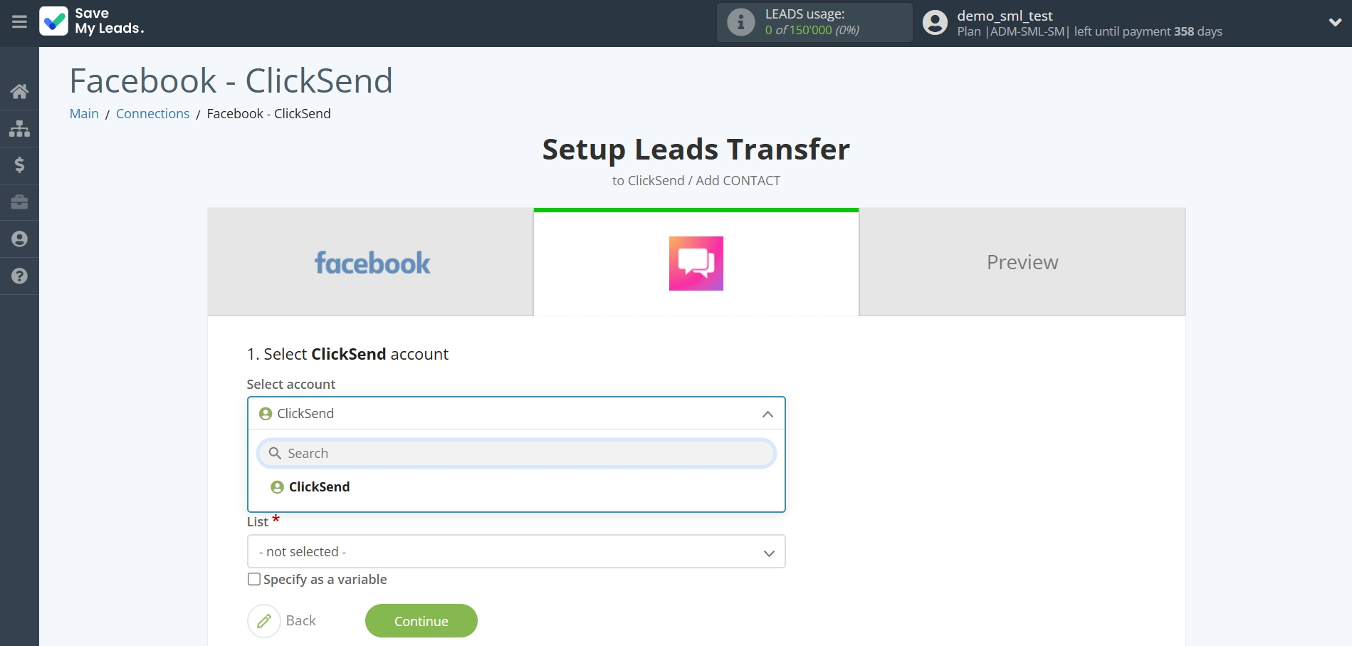 How to Connect Facebook with ClickSend Add Contacts | Data Destination account selection How to Connect Facebook with ClickSend Add Contacts | Data Destination account selection