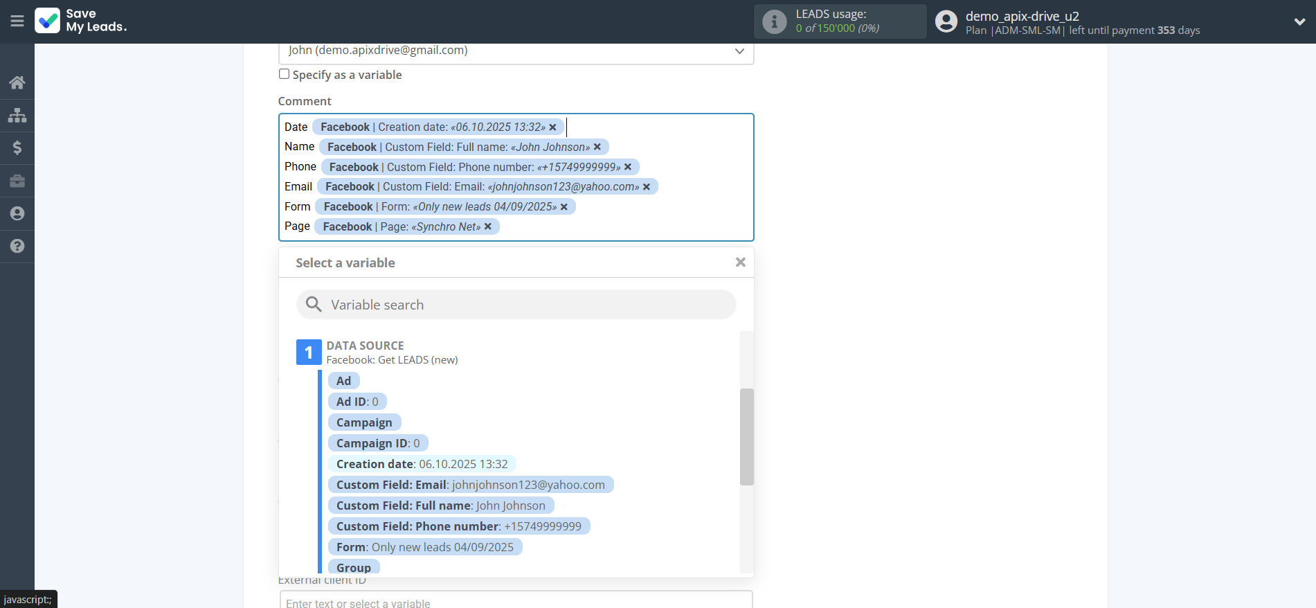 How to Connect Facebook with Simla Create Task | Assigning fields How to Connect Facebook with Simla Create Task | Assigning fields