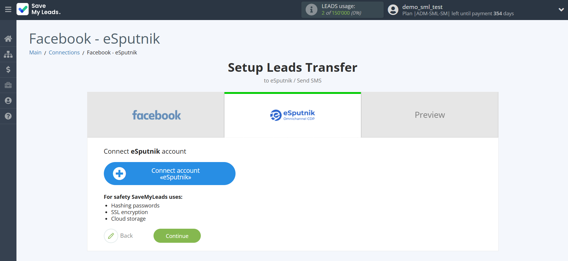 How to Connect Facebook with eSputnik Send SMS | Data Destination account connection