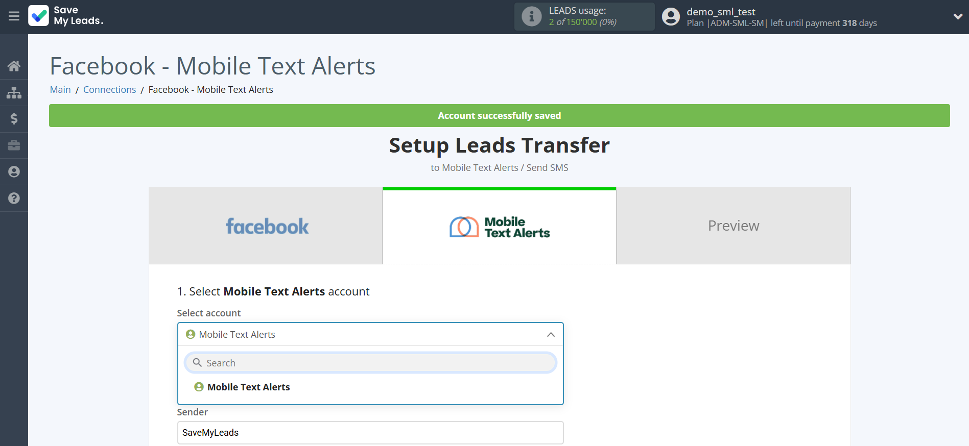 How to Connect Facebook with Mobile Text Alerts | Data Destination account selection