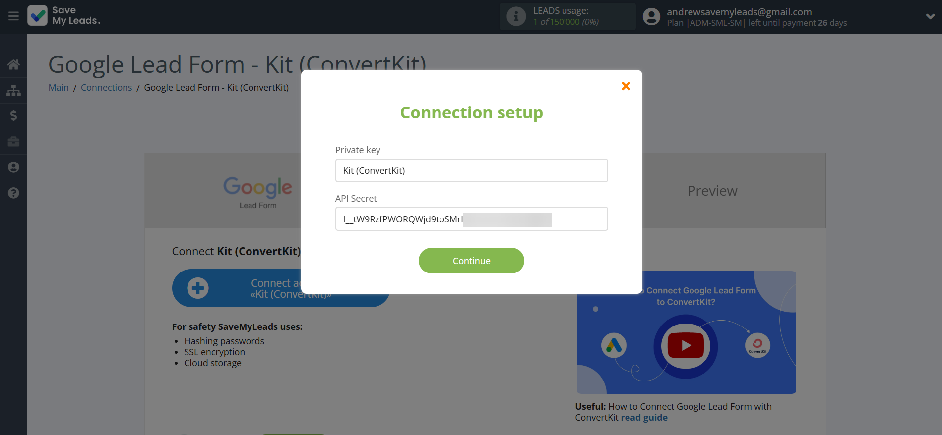 How to Connect Google Lead Form with Kit (ConvertKit) | Data Destination account connection