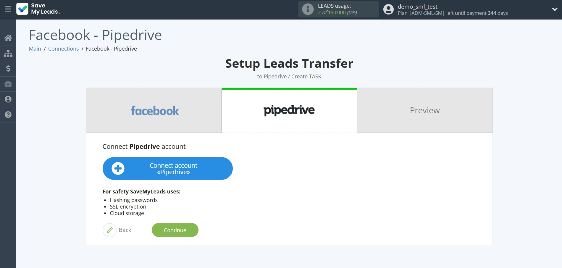 How to Connect Facebook with Pipedrive Create Task | Data Destination account connection