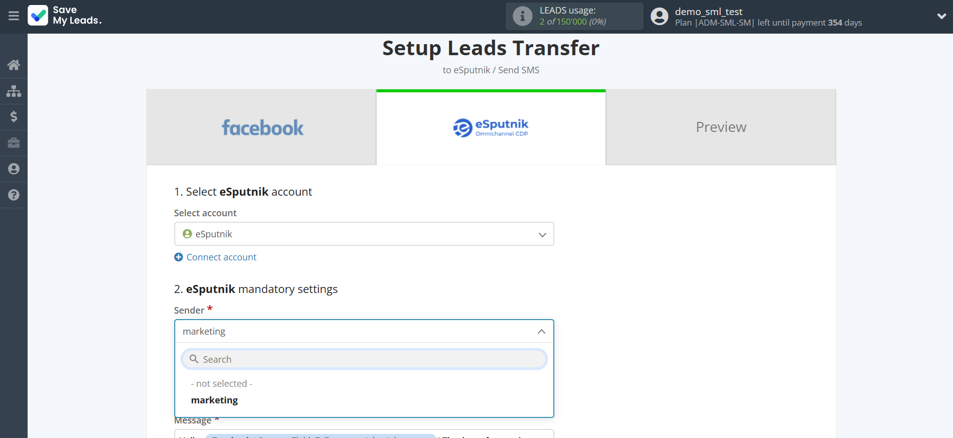 How to Connect Facebook with eSputnik Send SMS | Assigning fields