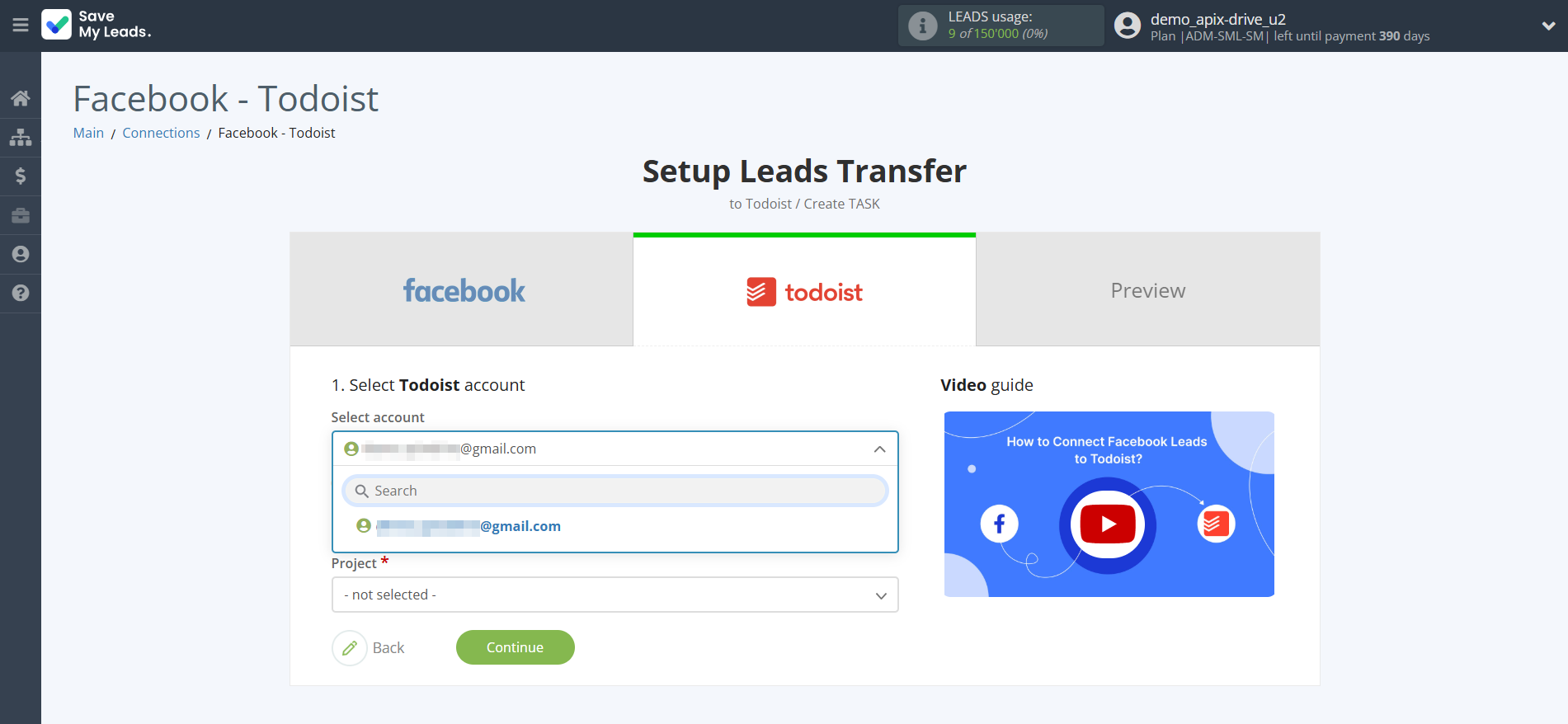 How to Connect Facebook with Todoist | Data Destination account selection