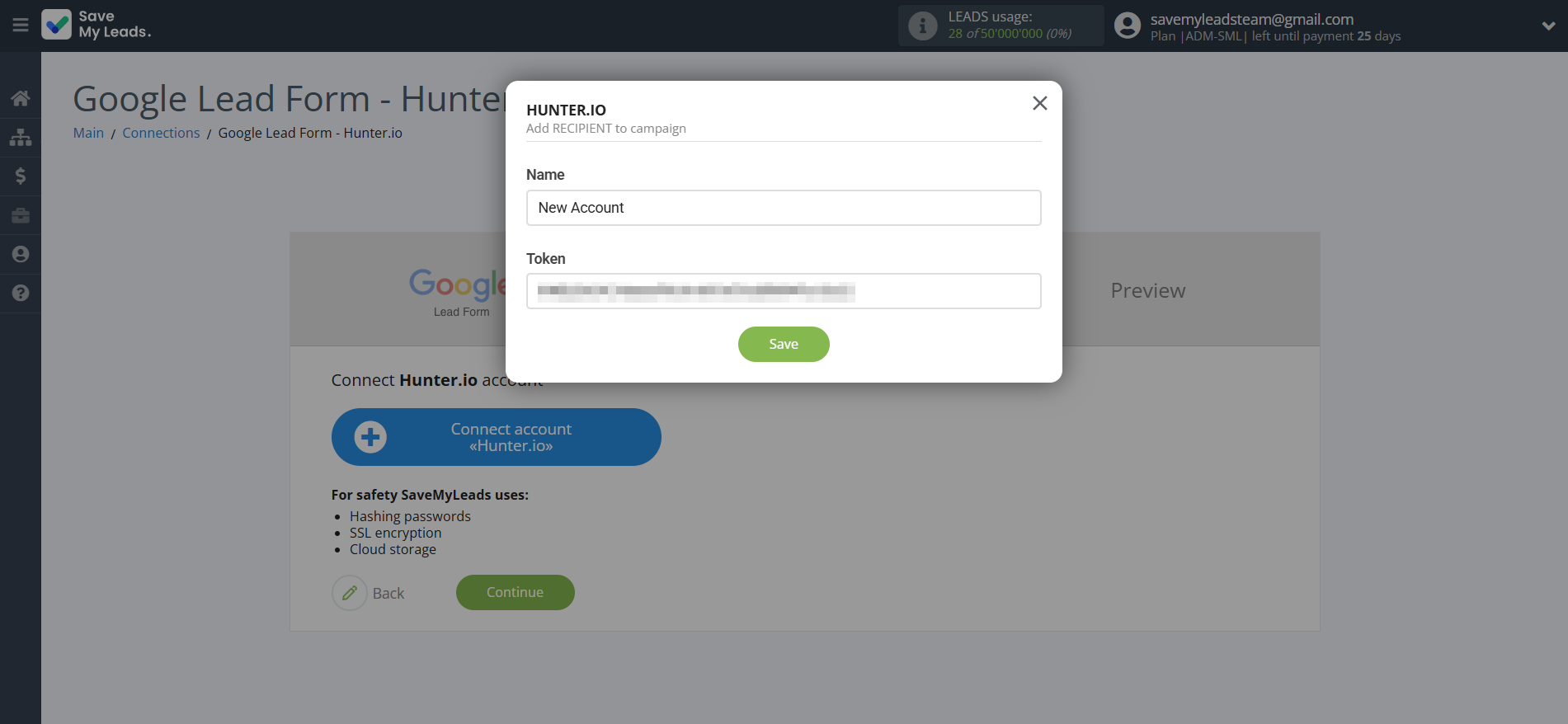 How to Connect Google Lead Form with Hunter.io | Data Destination account connection