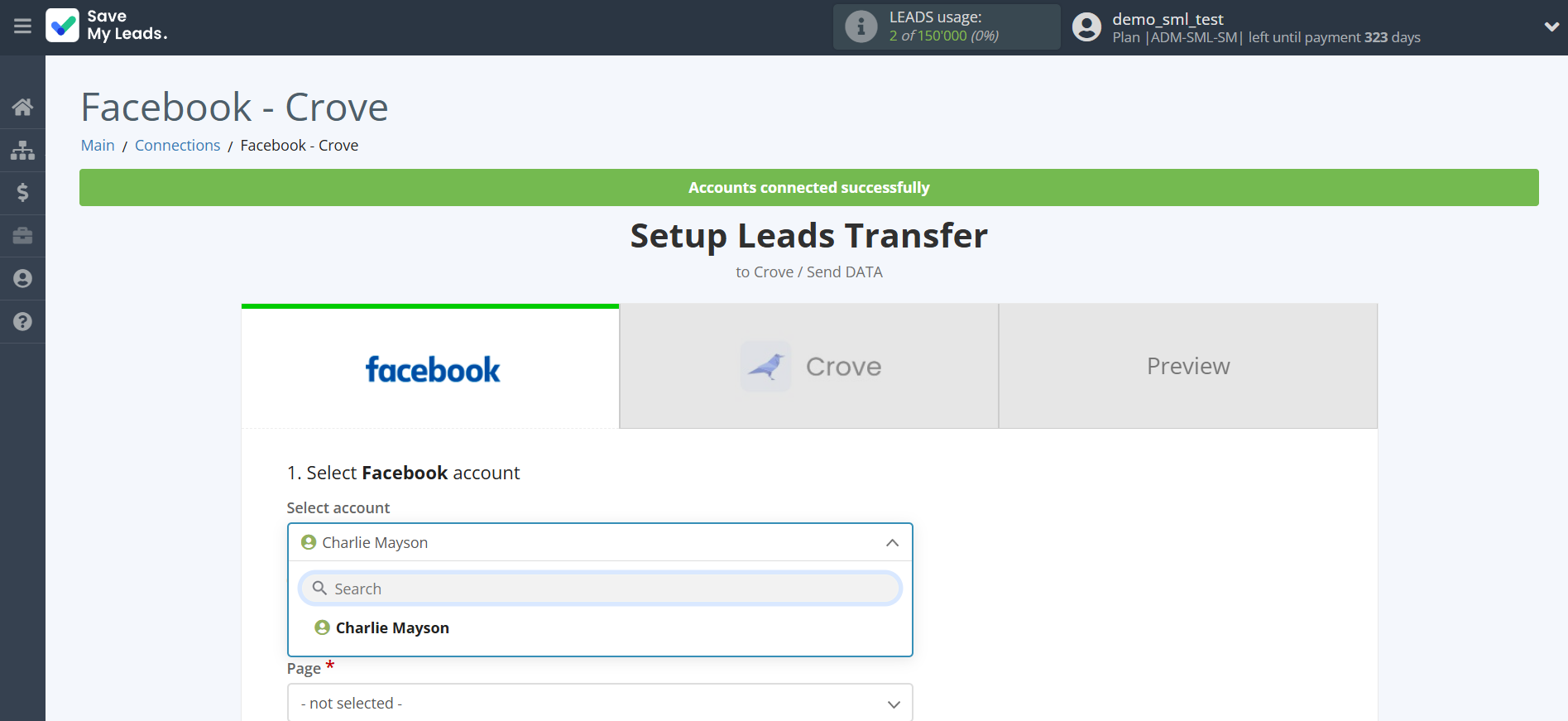 How to Connect Facebook with Crove | Data Source account selection