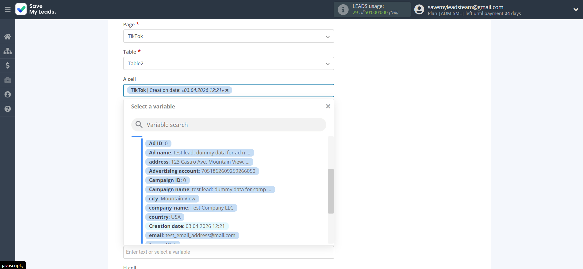 How to Connect TikTok with Rows Add Row | Assigning fields