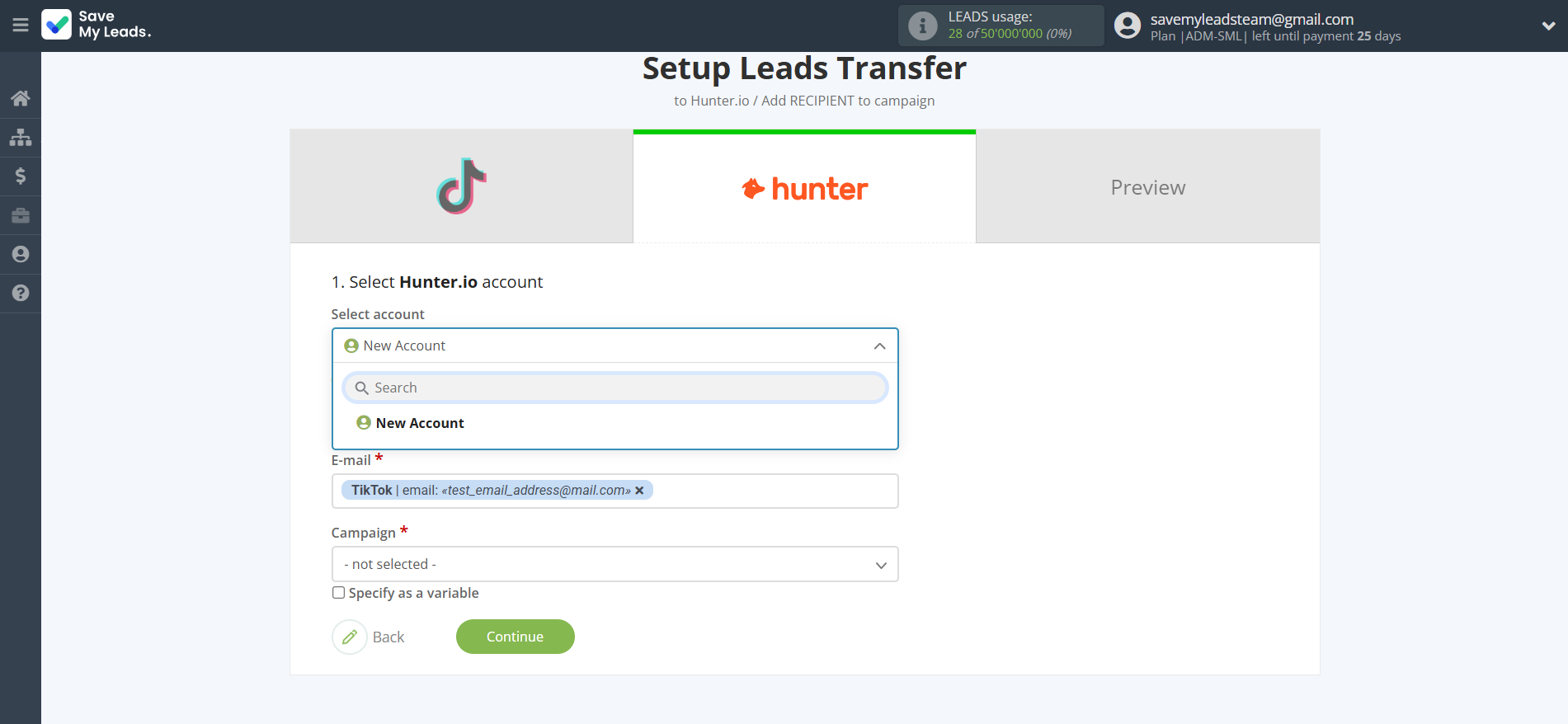 How to Connect TikTok with Hunter.io | Data Destination account selection