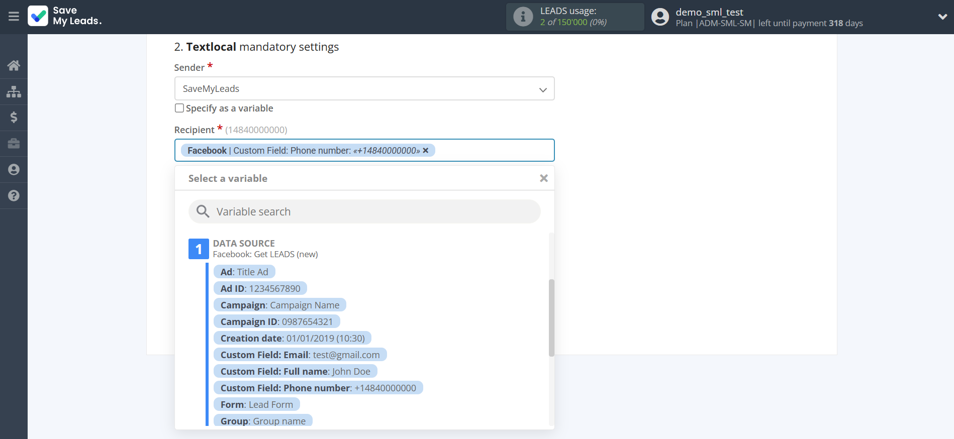 How to Connect Facebook with Textlocal | Assigning fields