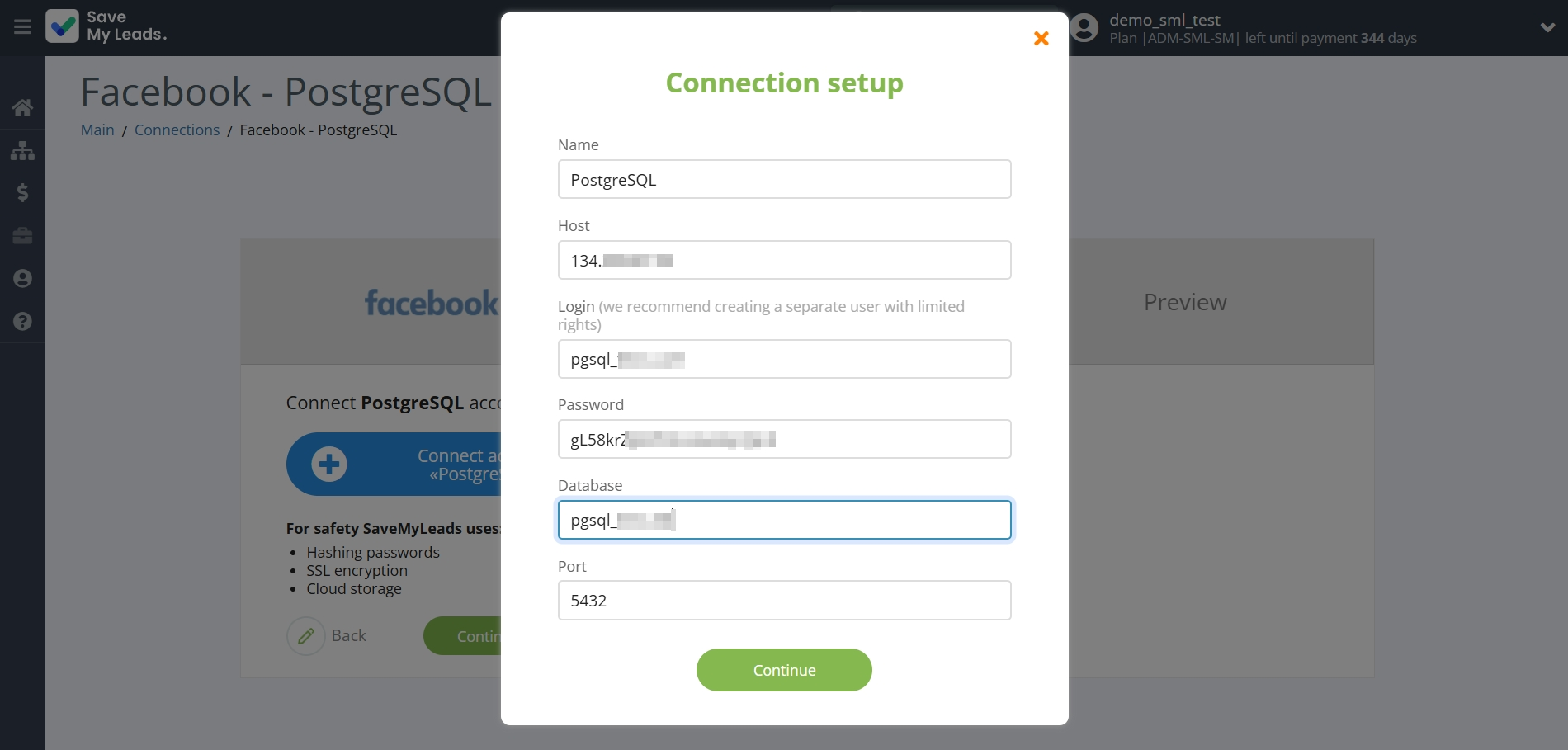 How to Connect Facebook with PostgreSQL | Data Destination account connection