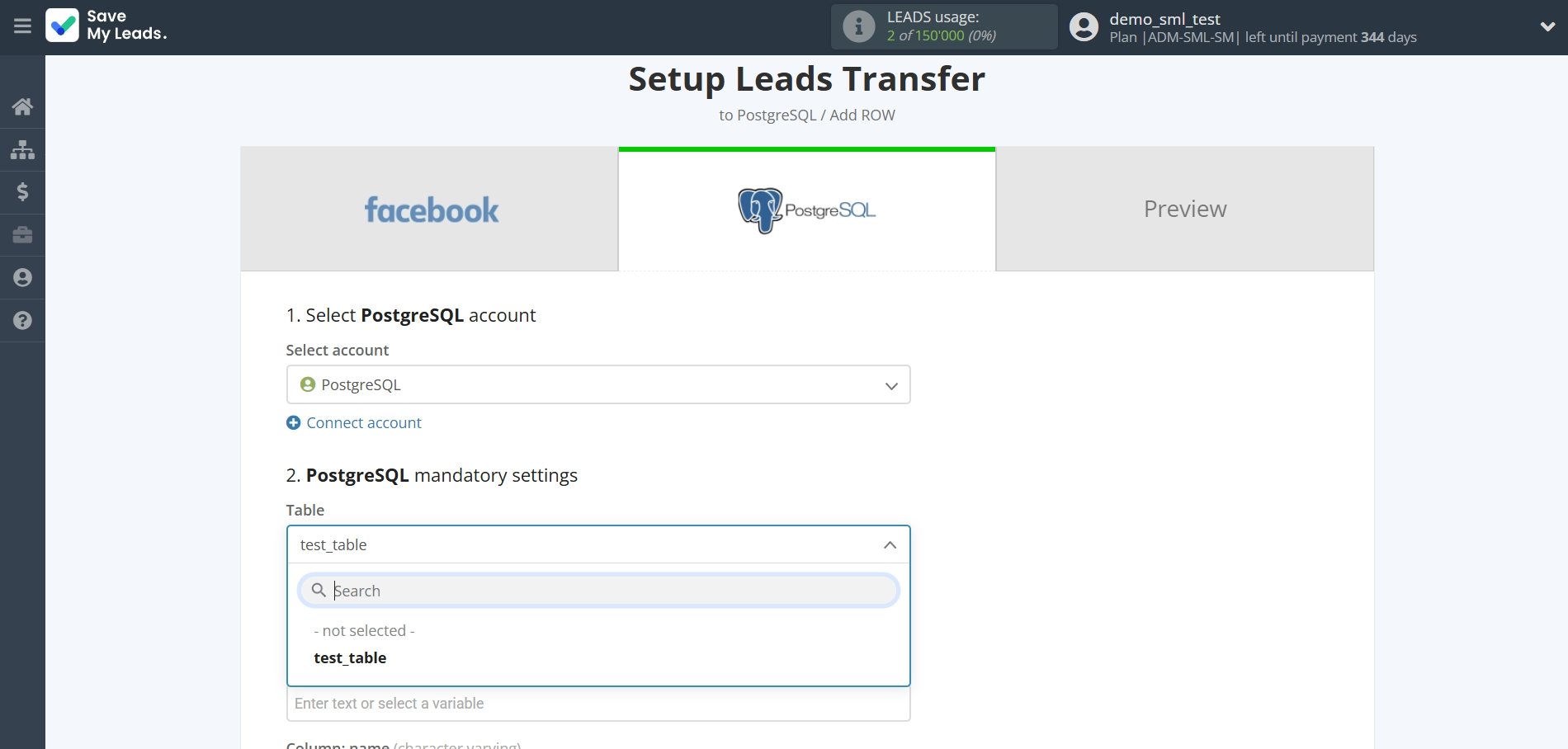 How to Connect Facebook with PostgreSQL | Table selection