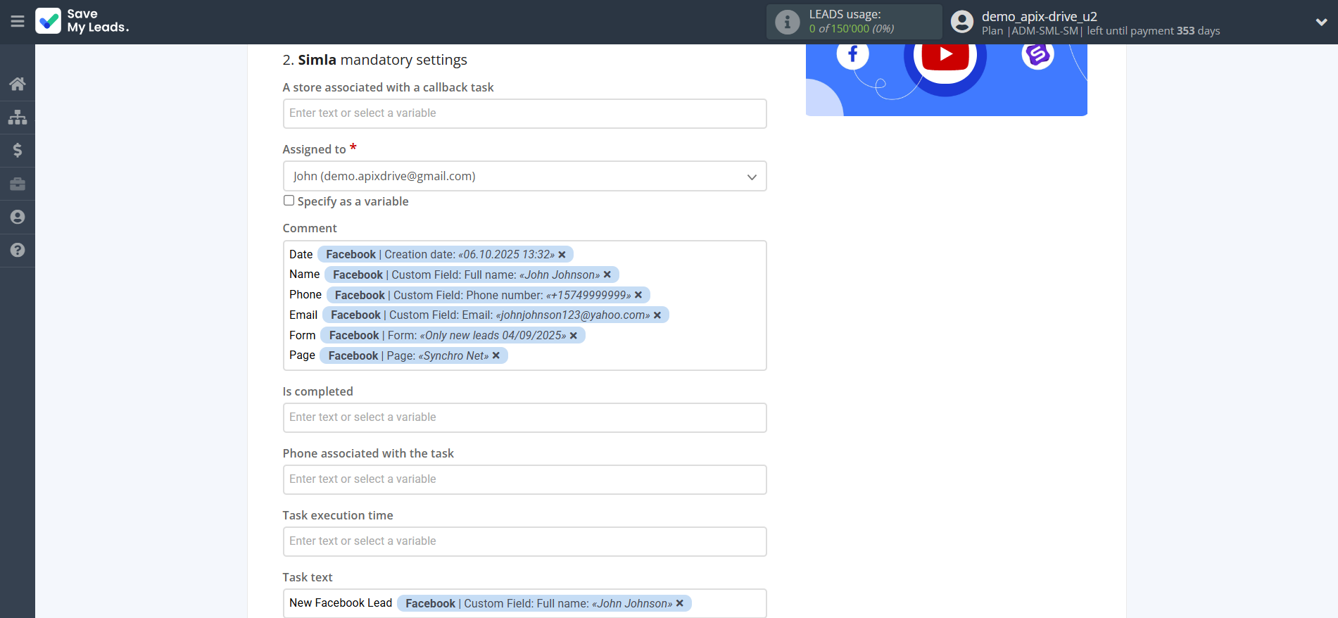 How to Connect Facebook with Simla Create Task | Assigning fields How to Connect Facebook with Simla Create Task | Assigning fields