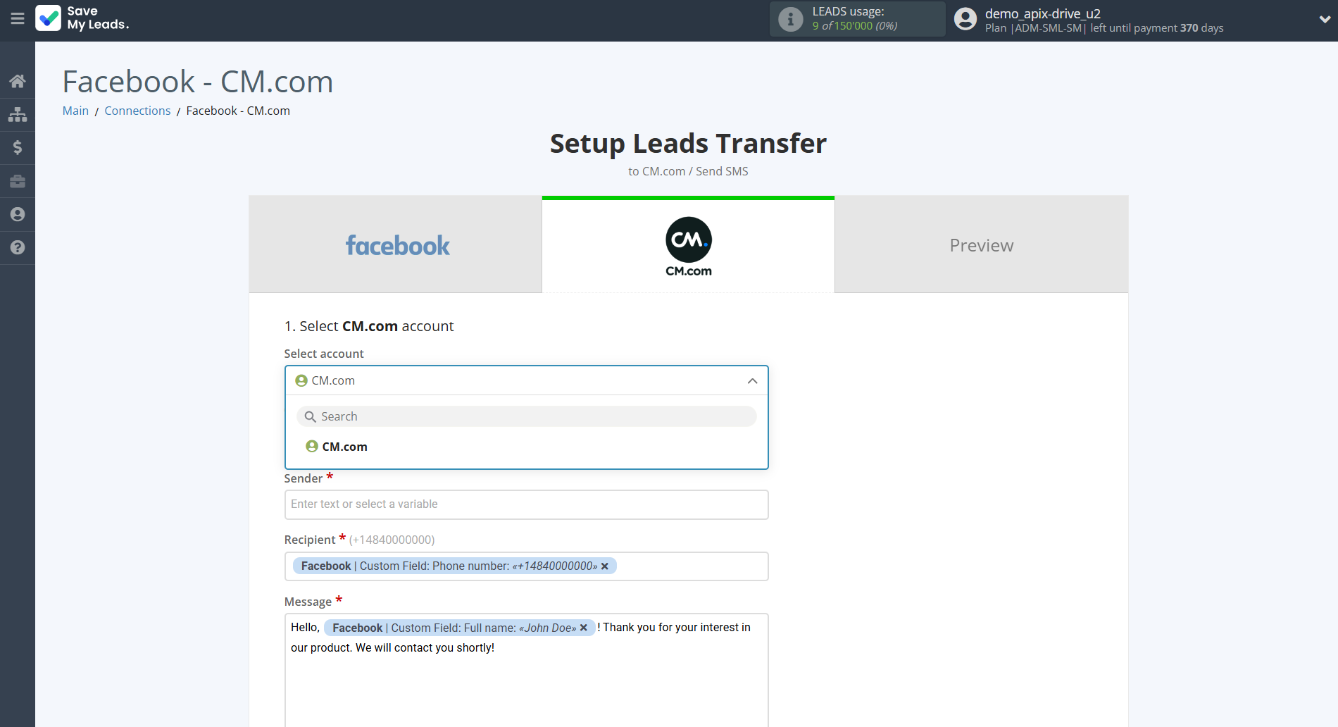 How to Connect Facebook with CM.com | Data Destination account selection