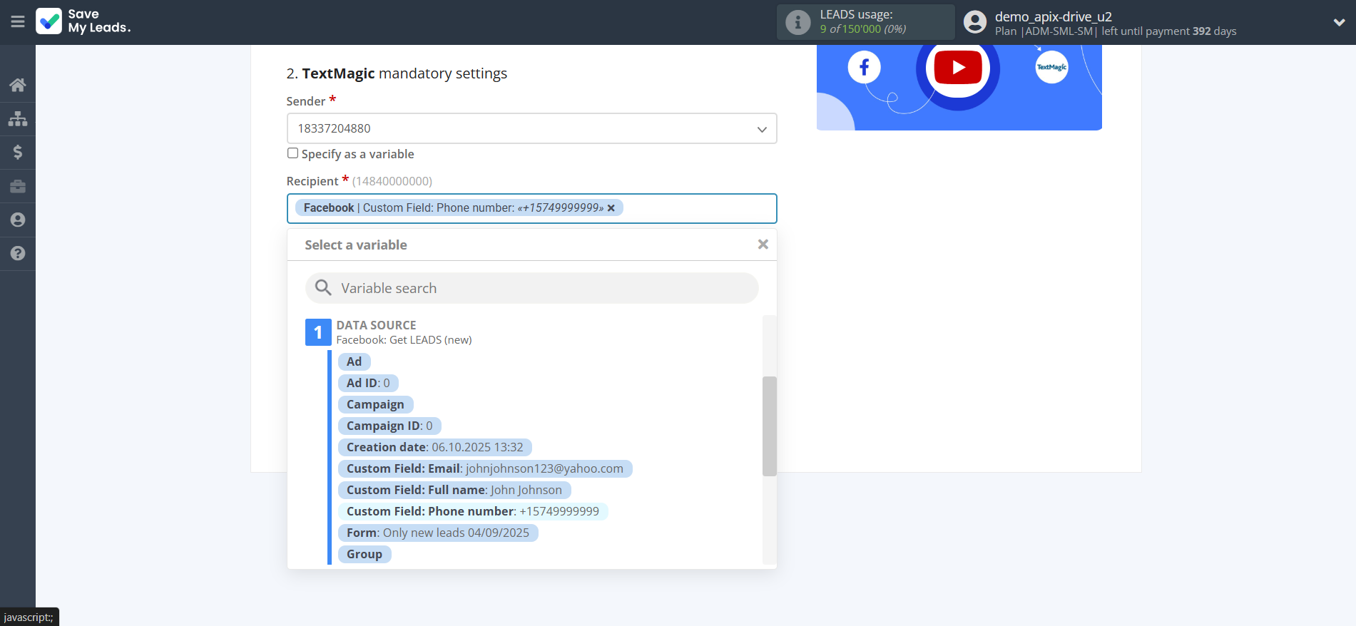 How to Connect Facebook with TextMagic | Assigning fields