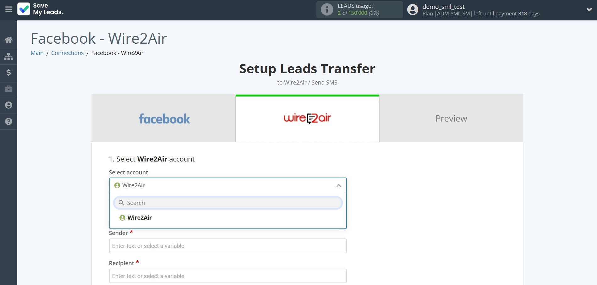How to Connect Facebook with Wire2Air | Data Destination account selection