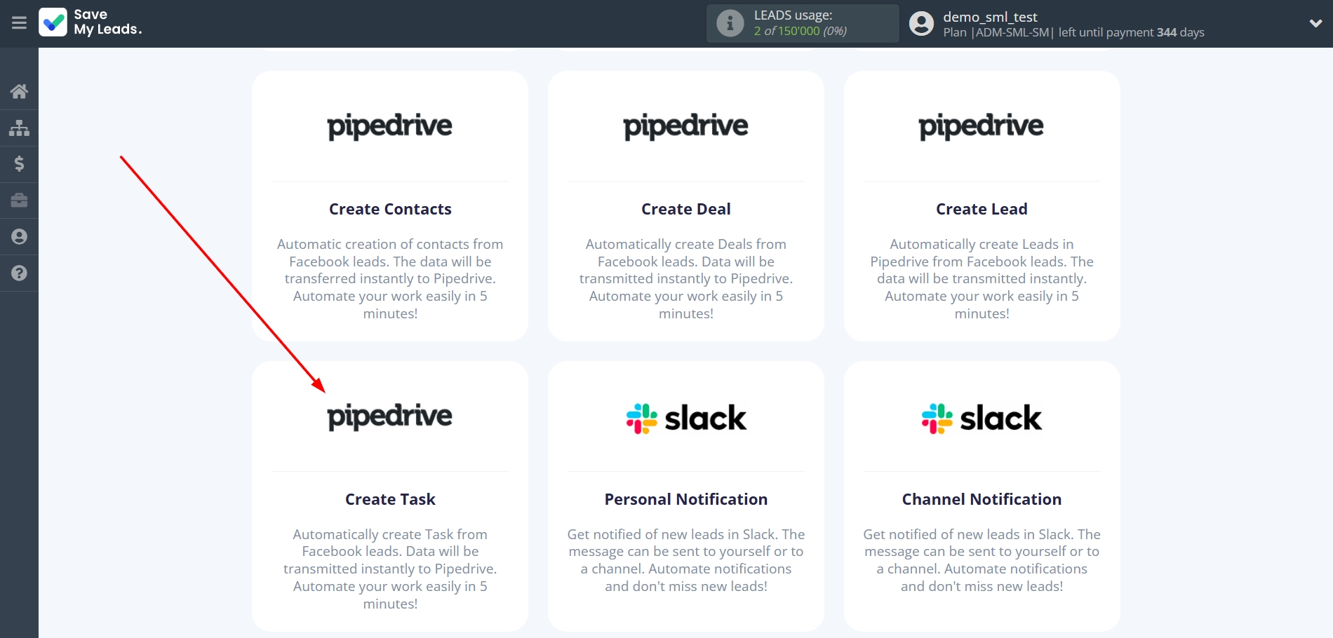 How to Connect Facebook with Pipedrive Create Task | Data Destination system selection