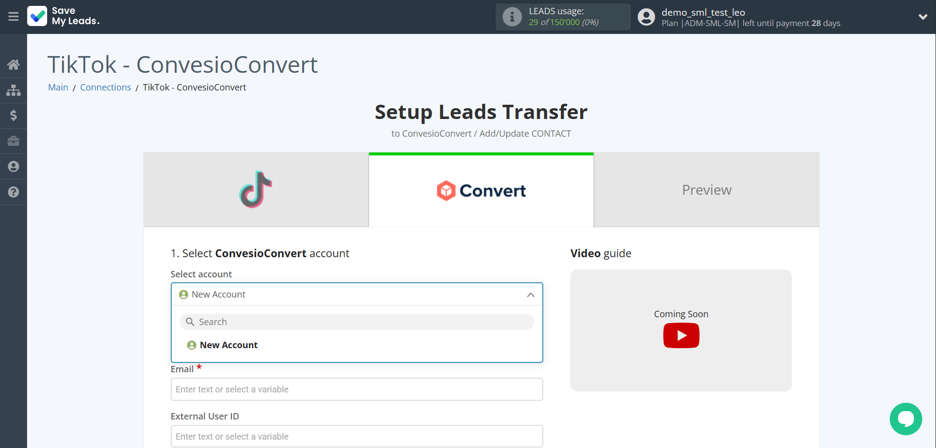 How to Connect TikTok with ConvesioConvert | Data Destination account selection