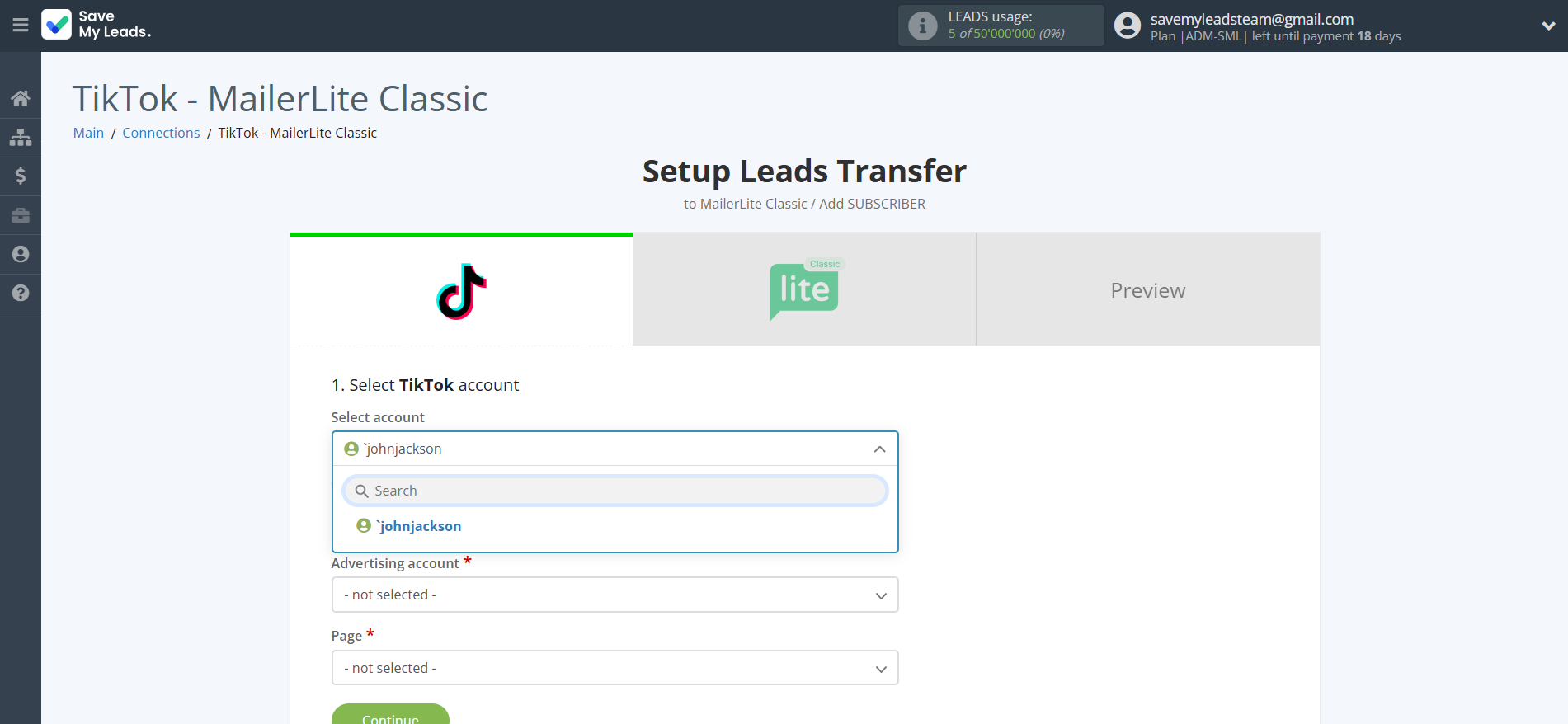 How to Connect TikTok with MailerLite Classic | Data Source account selection How to Connect TikTok with MailerLite Classic | Data Source account selection