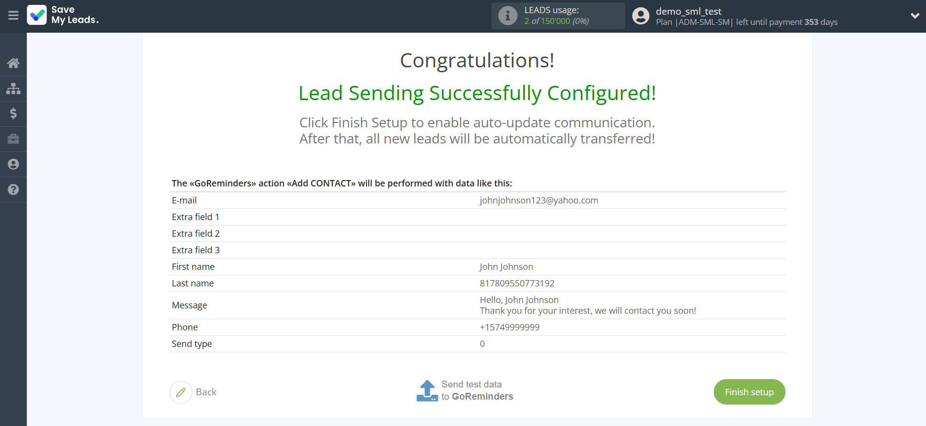 How to Connect Facebook with GoReminders | Test data