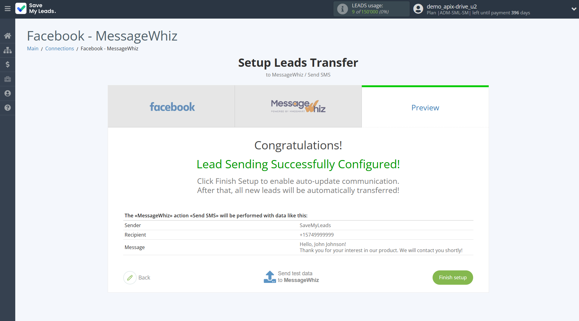 How to Connect Facebook with MessageWhiz | Test data