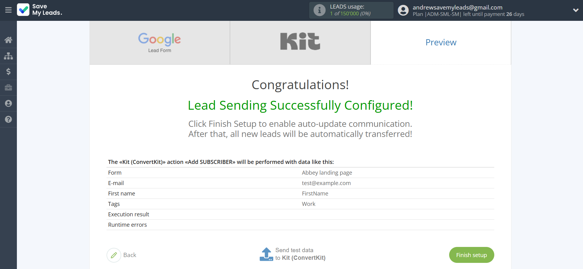 How to Connect Google Lead Form with Kit (ConvertKit) | Test data