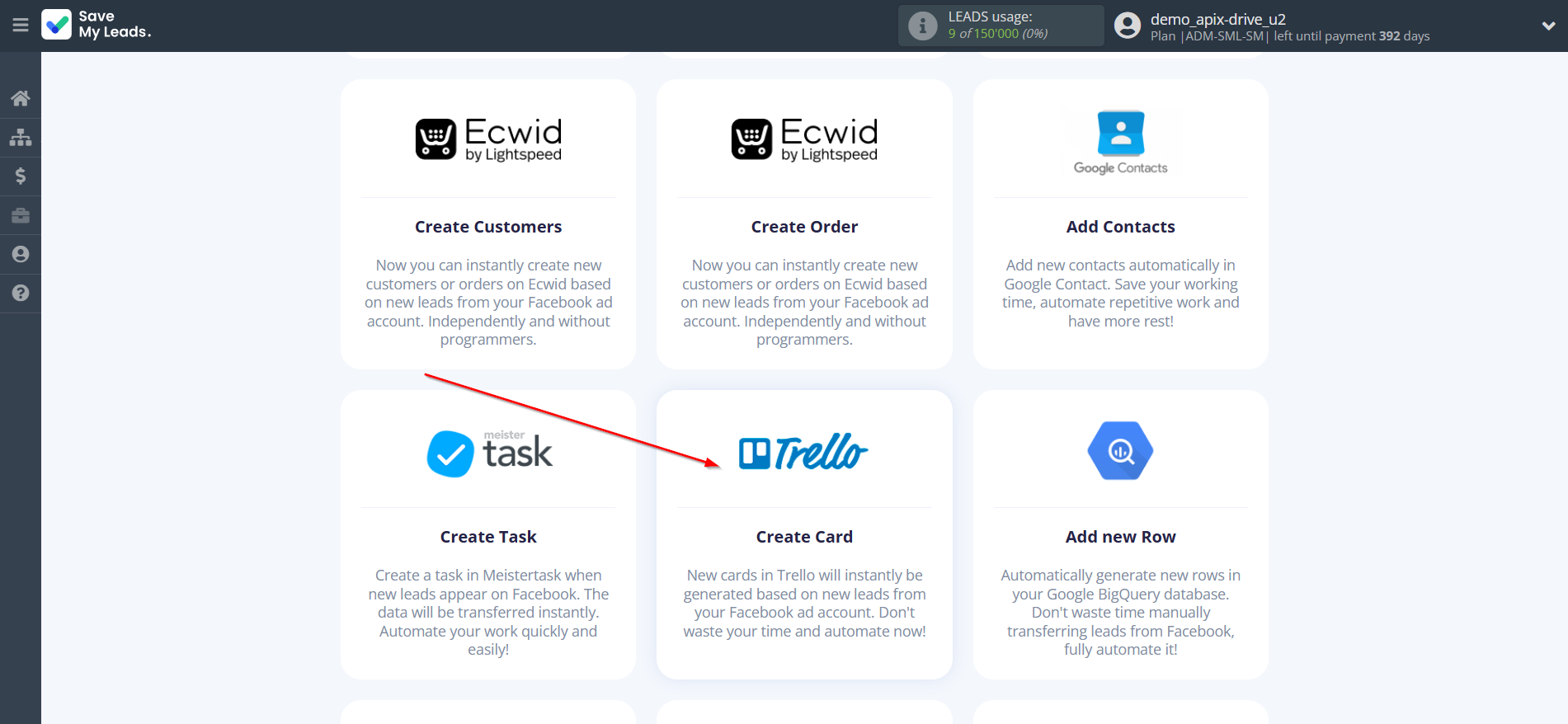 How to Connect Facebook with Trello | Data Destination system selection