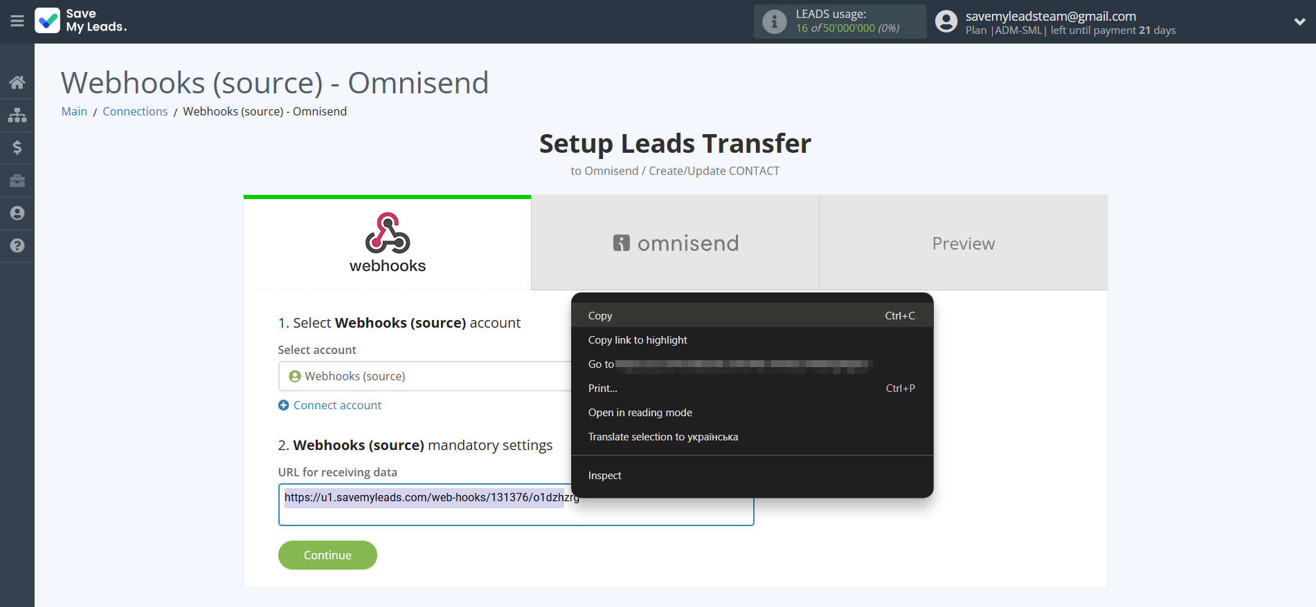 How to Connect Webhooks with Omnisend Create Contacts | Data Source account connection