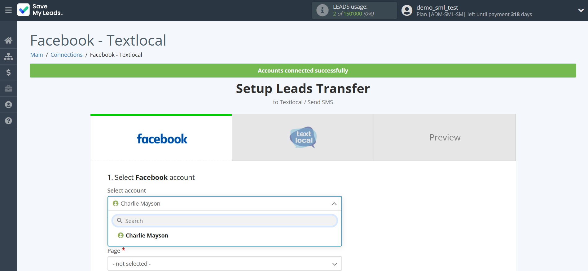 How to Connect Facebook with Textlocal | Data Source account selection