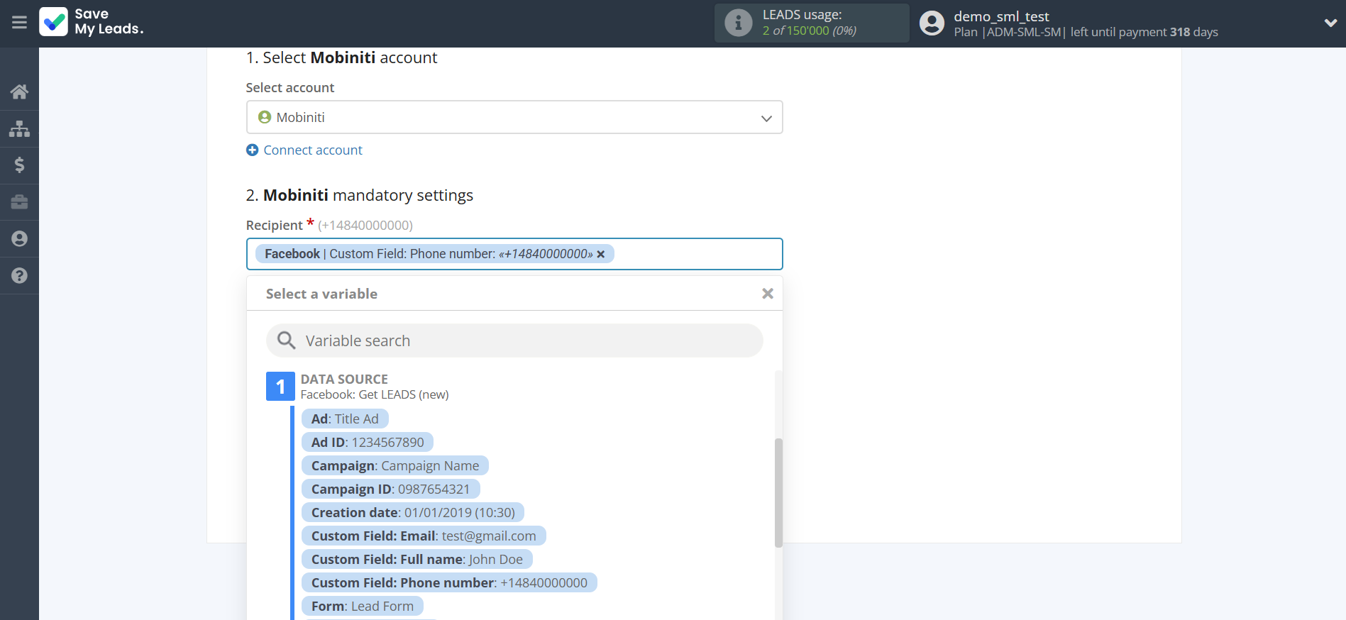 How to Connect Facebook with Mobiniti | Assigning fields