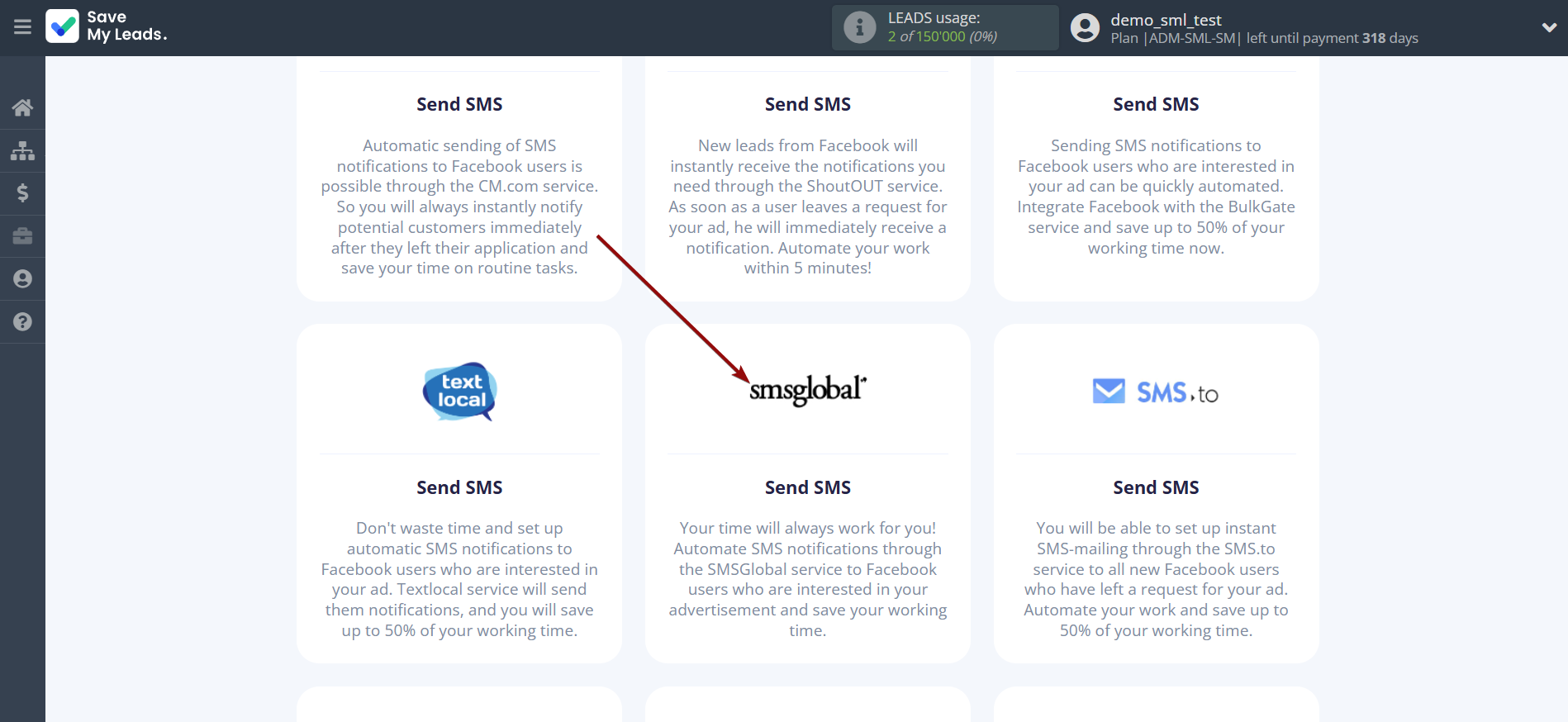 How to Connect Facebook with SMSGlobal | Data Destination system selection