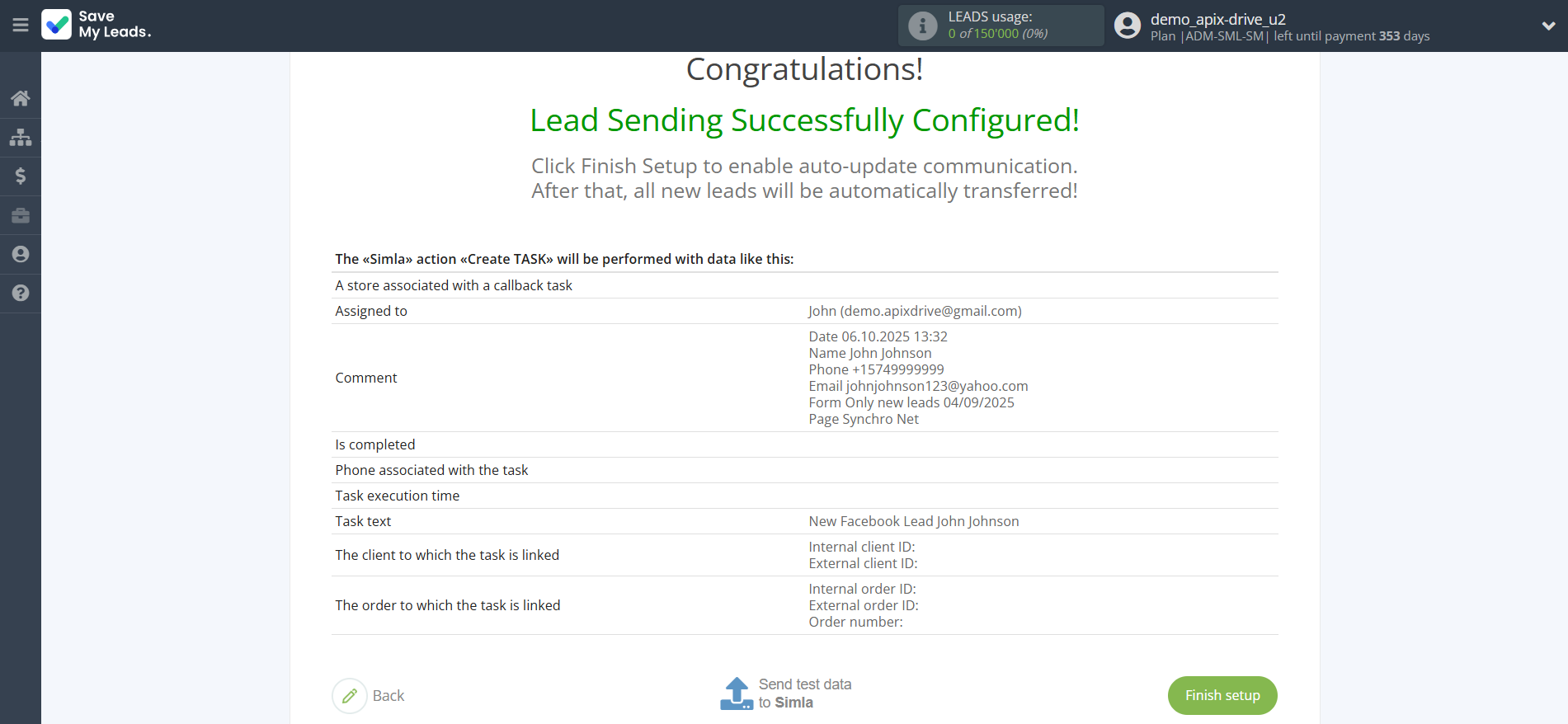 How to Connect Facebook with Simla Create Task | Test data How to Connect Facebook with Simla Create Task | Test data