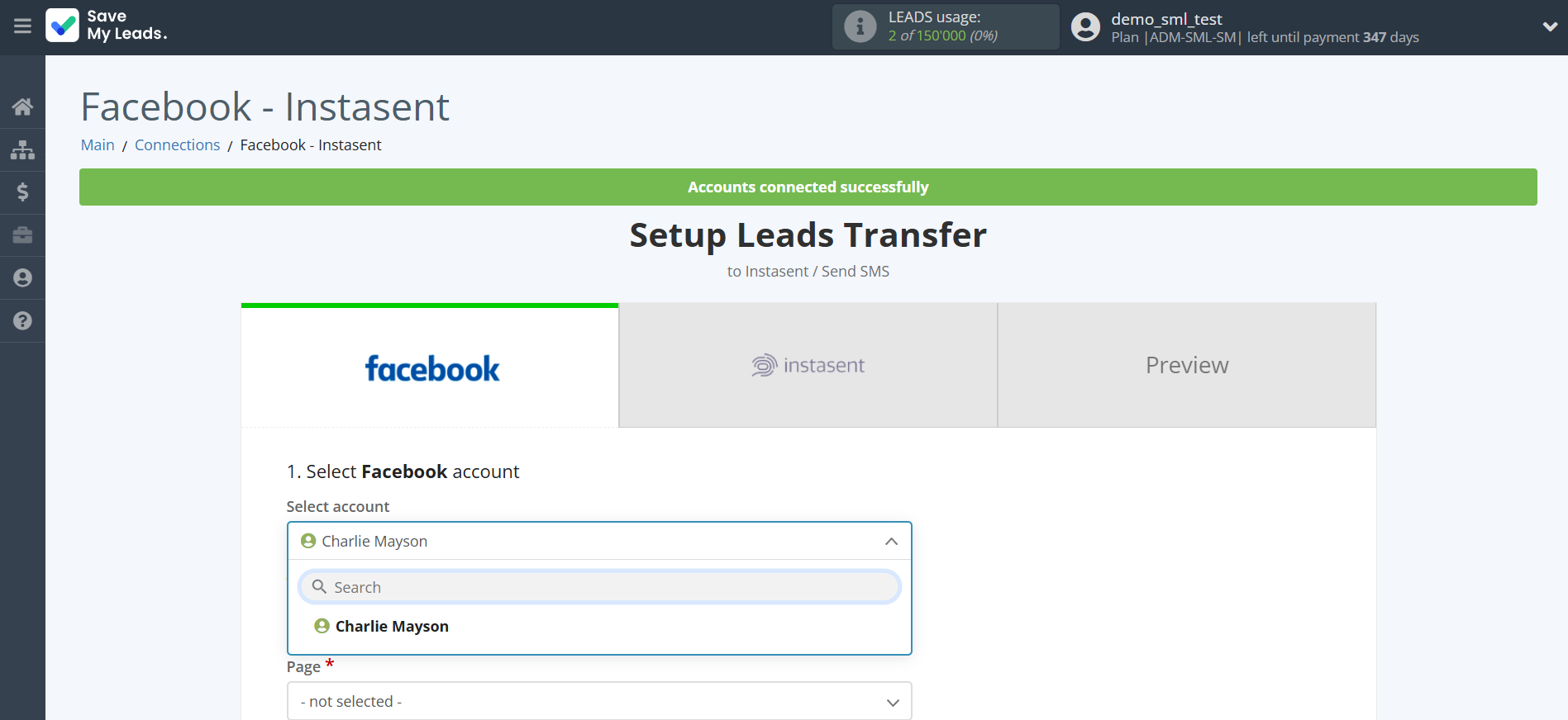 How to Connect Facebook with Instasent | Data Source account selection