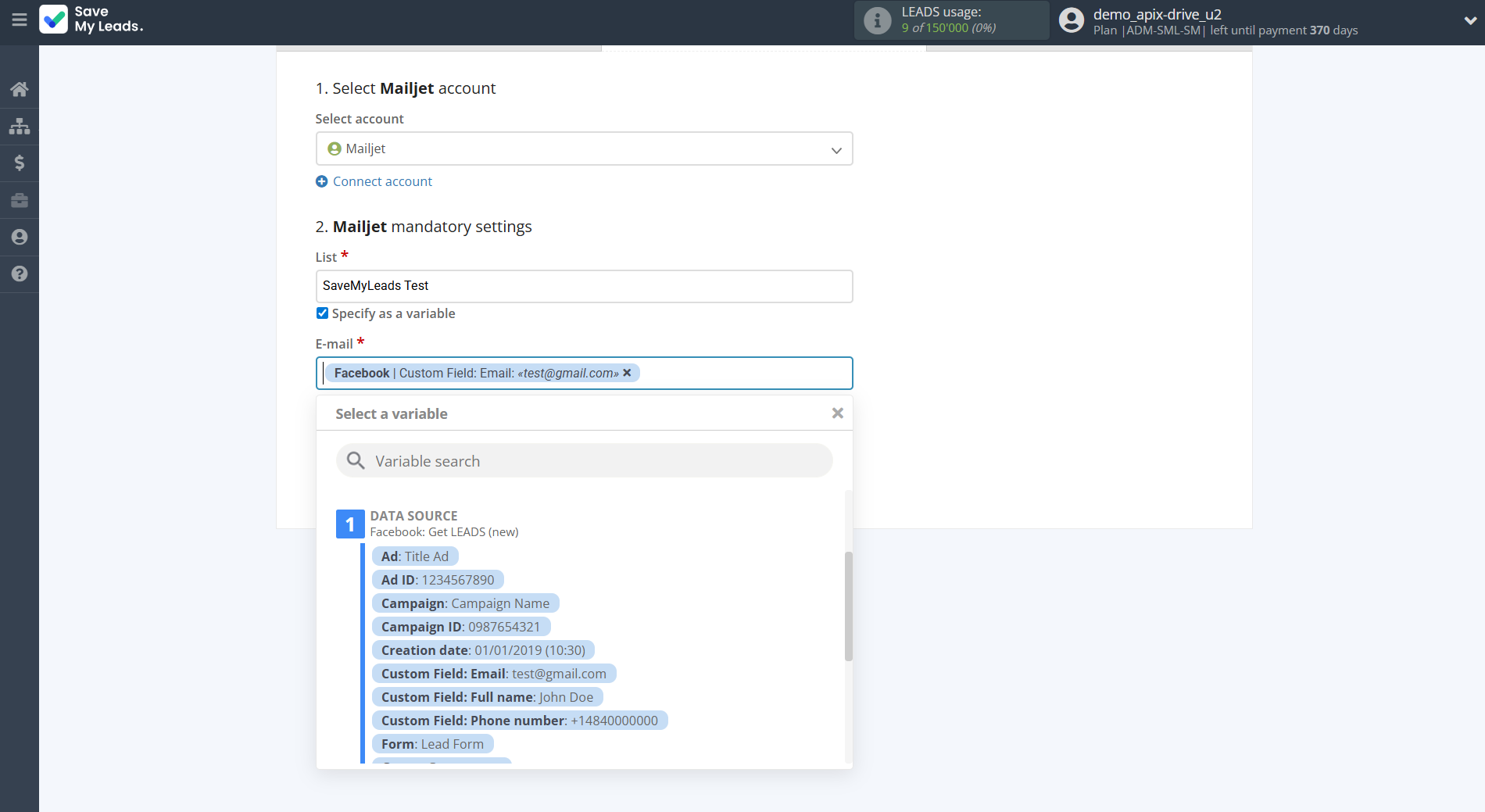 How to Connect Facebook with Mailjet | Assigning fields