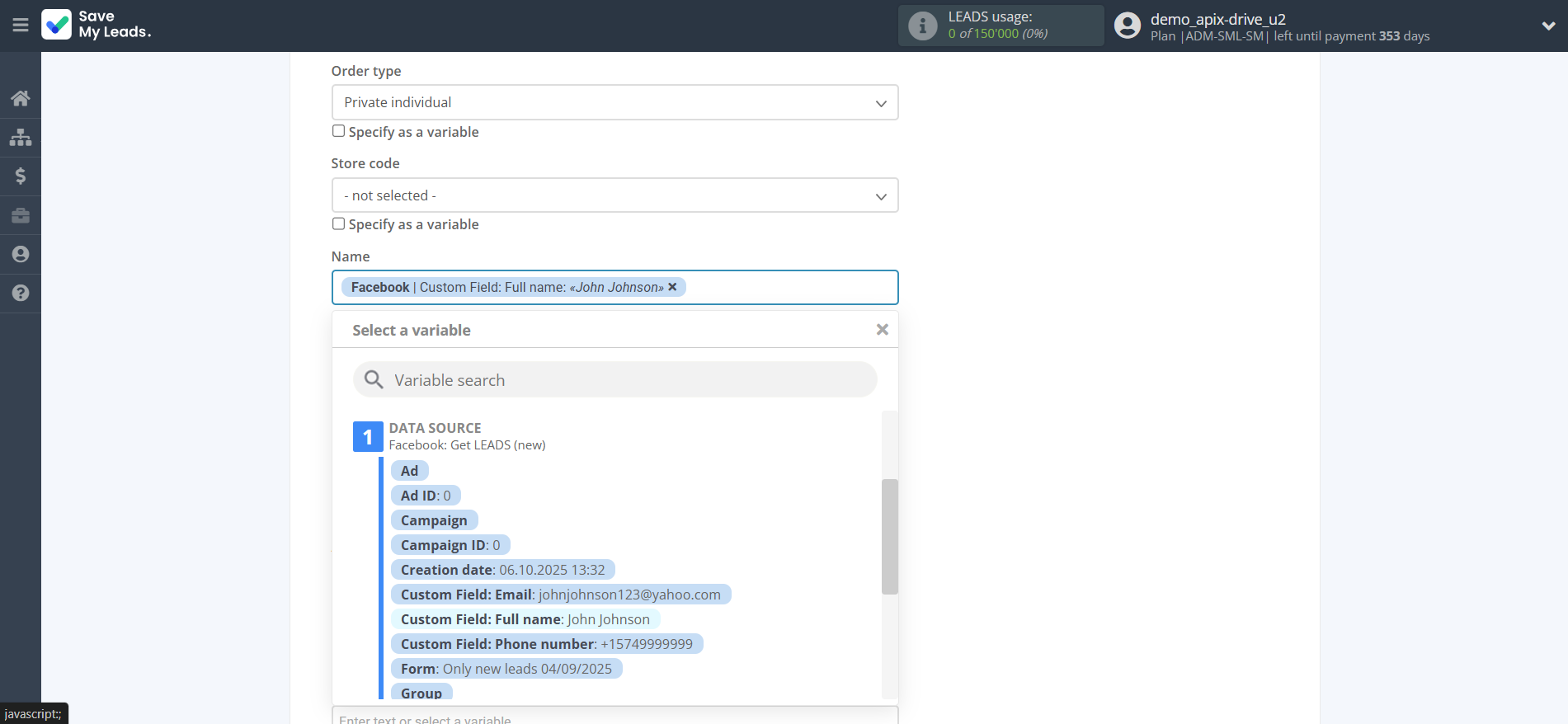 How to Connect Facebook with Simla Create Order | Assigning fields How to Connect Facebook with Simla Create Order | Assigning fields