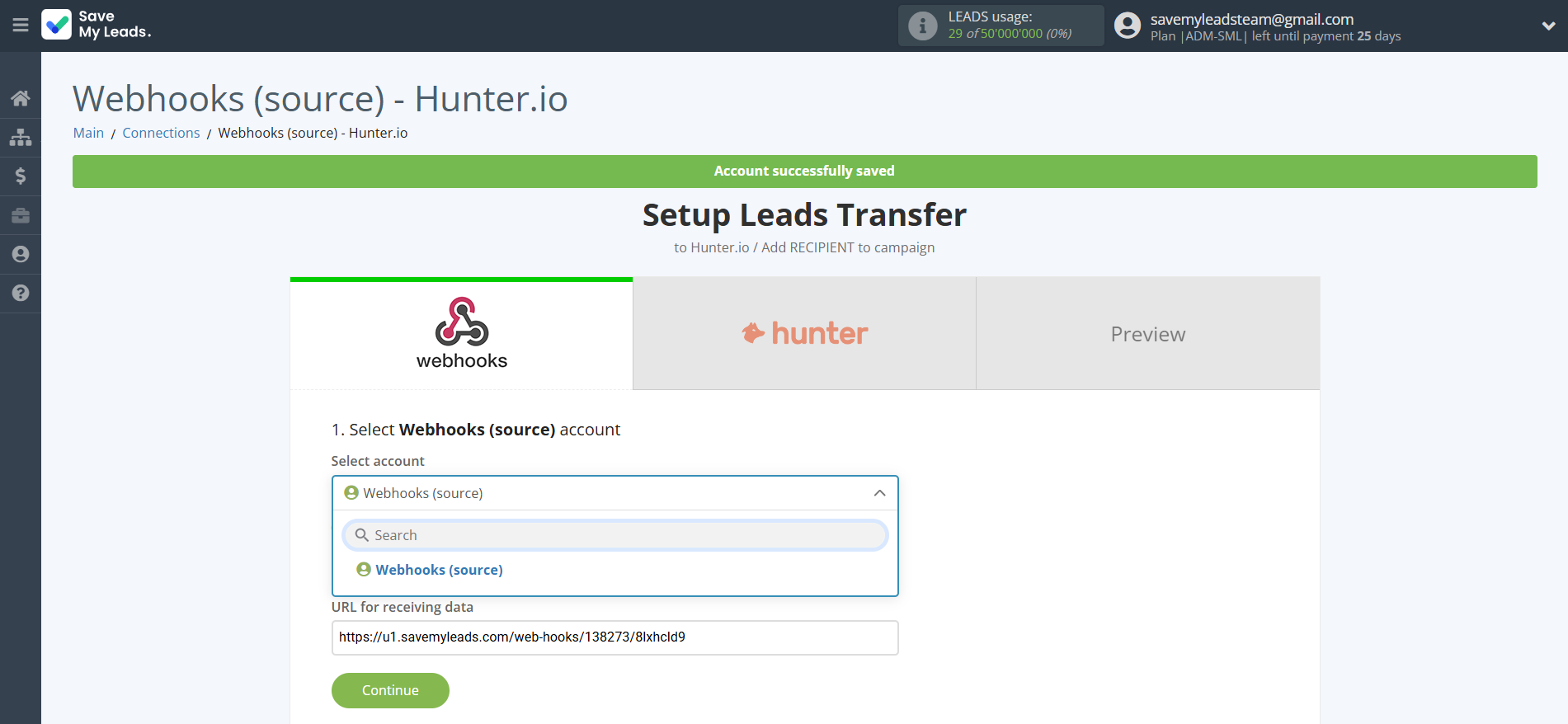 How to Connect Webhooks with Hunter.io | Data Source account selection
